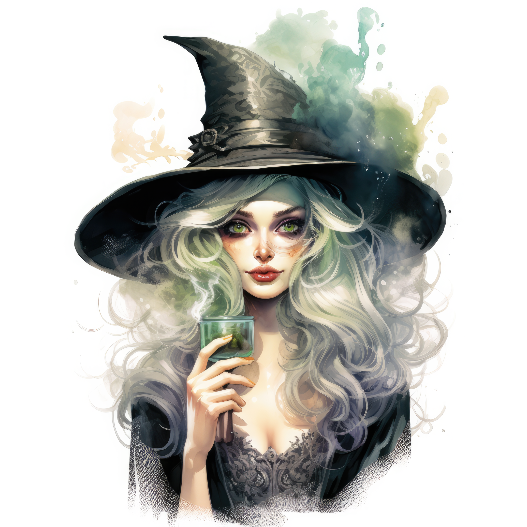 An ugly witch with a long nose is holding a potion 1 (paitakuva)