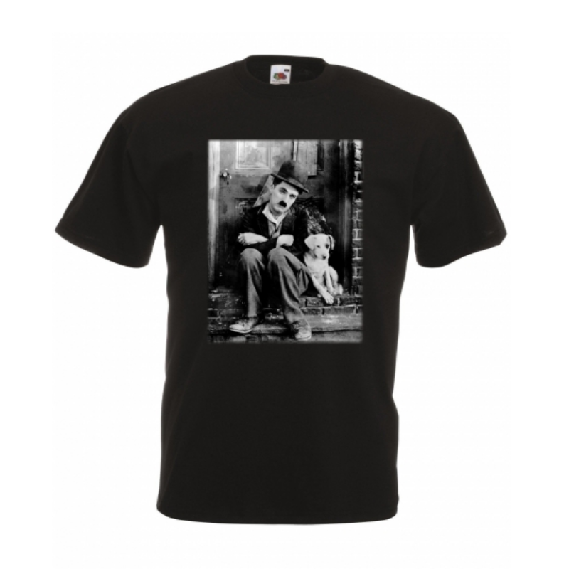 T-PAITA MUSTA - CHAPLIN JA KOIRA (00 2022)