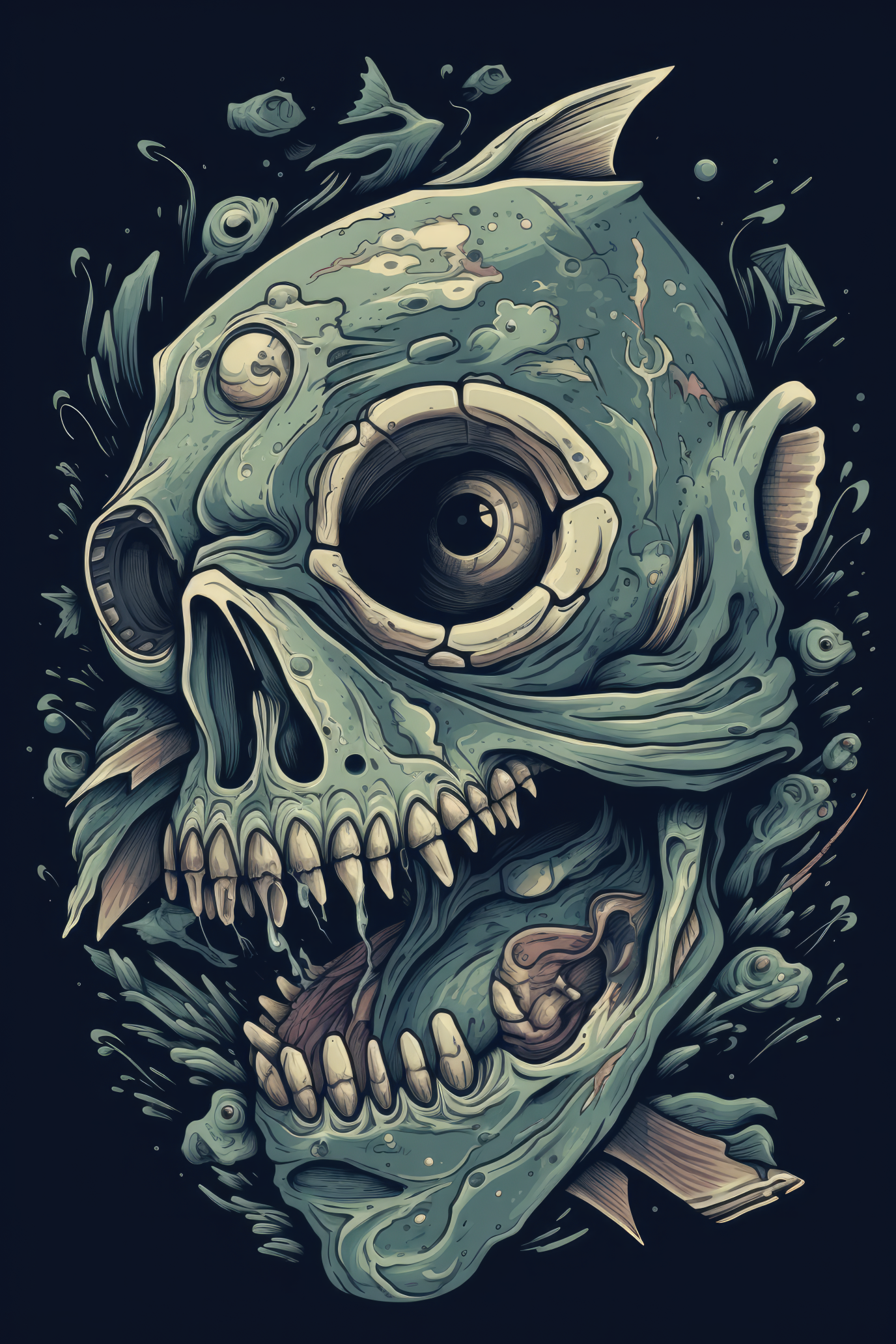 Cartoon Fish skull Tshirt design 3 (Paitakuva)