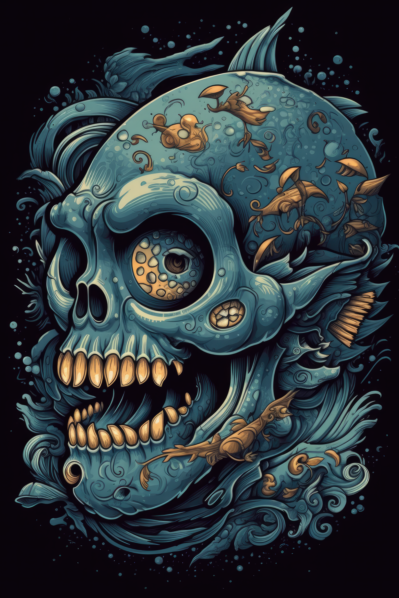 Cartoon Fish skull Tshirt design (Paitakuva)