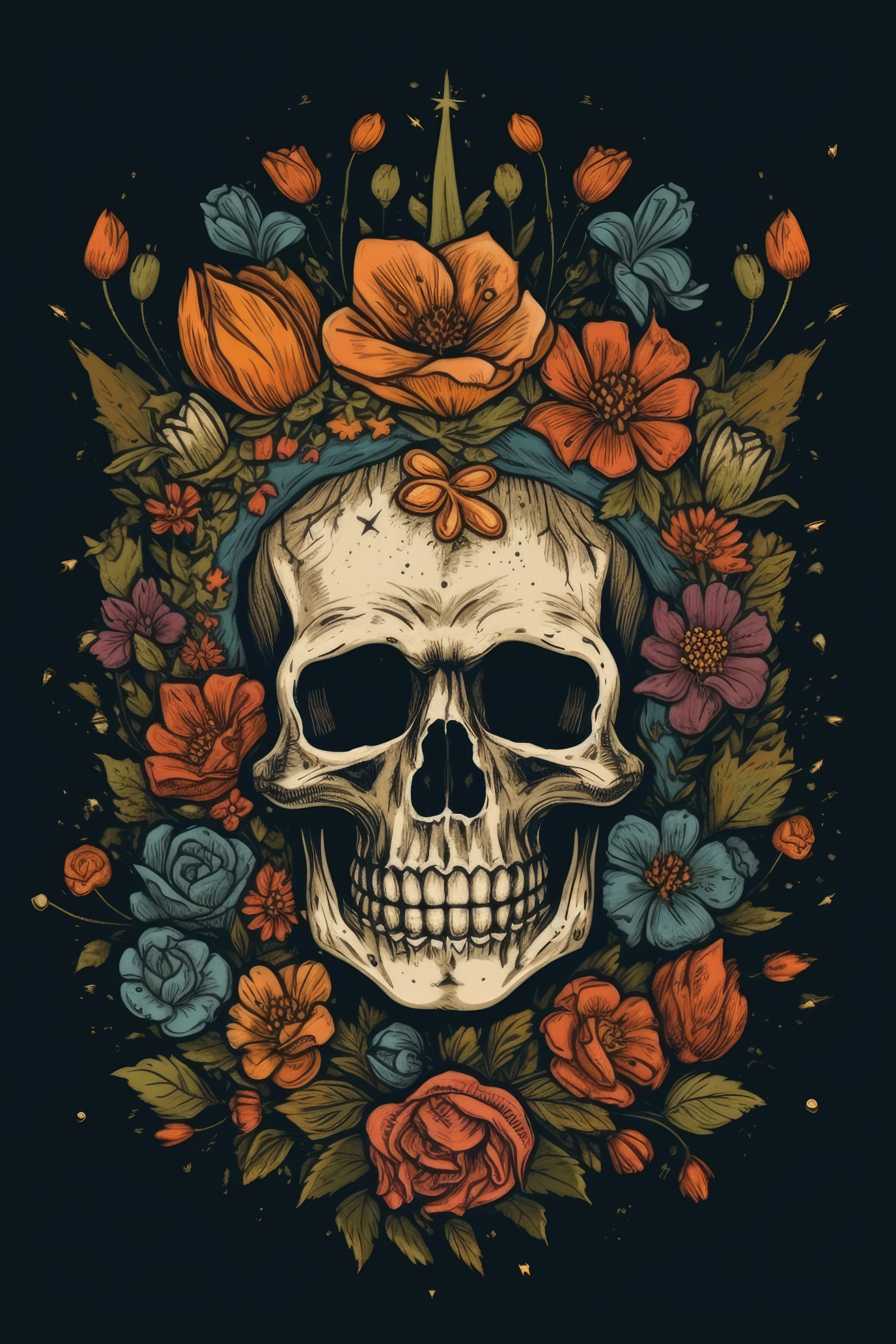 Cartoon Floral crown skull Tshirt design 1 (Paitakuva)