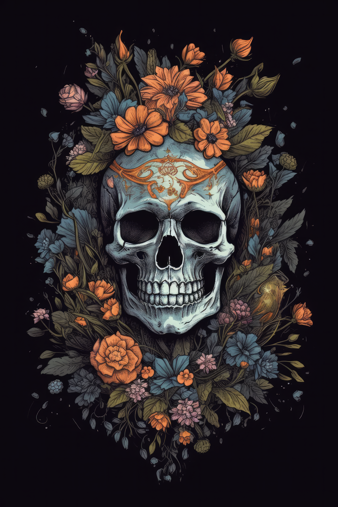 Cartoon Floral crown skull Tshirt design (Paitakuva)
