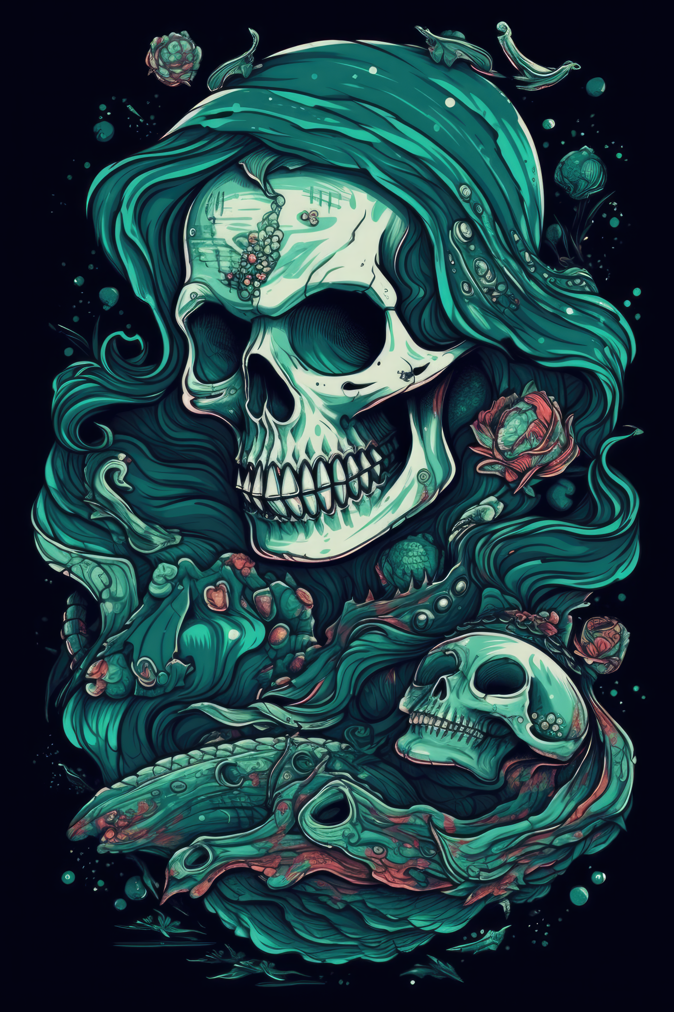 Cartoon Mermaid skull Tshirt design 2 (Paitakuva)