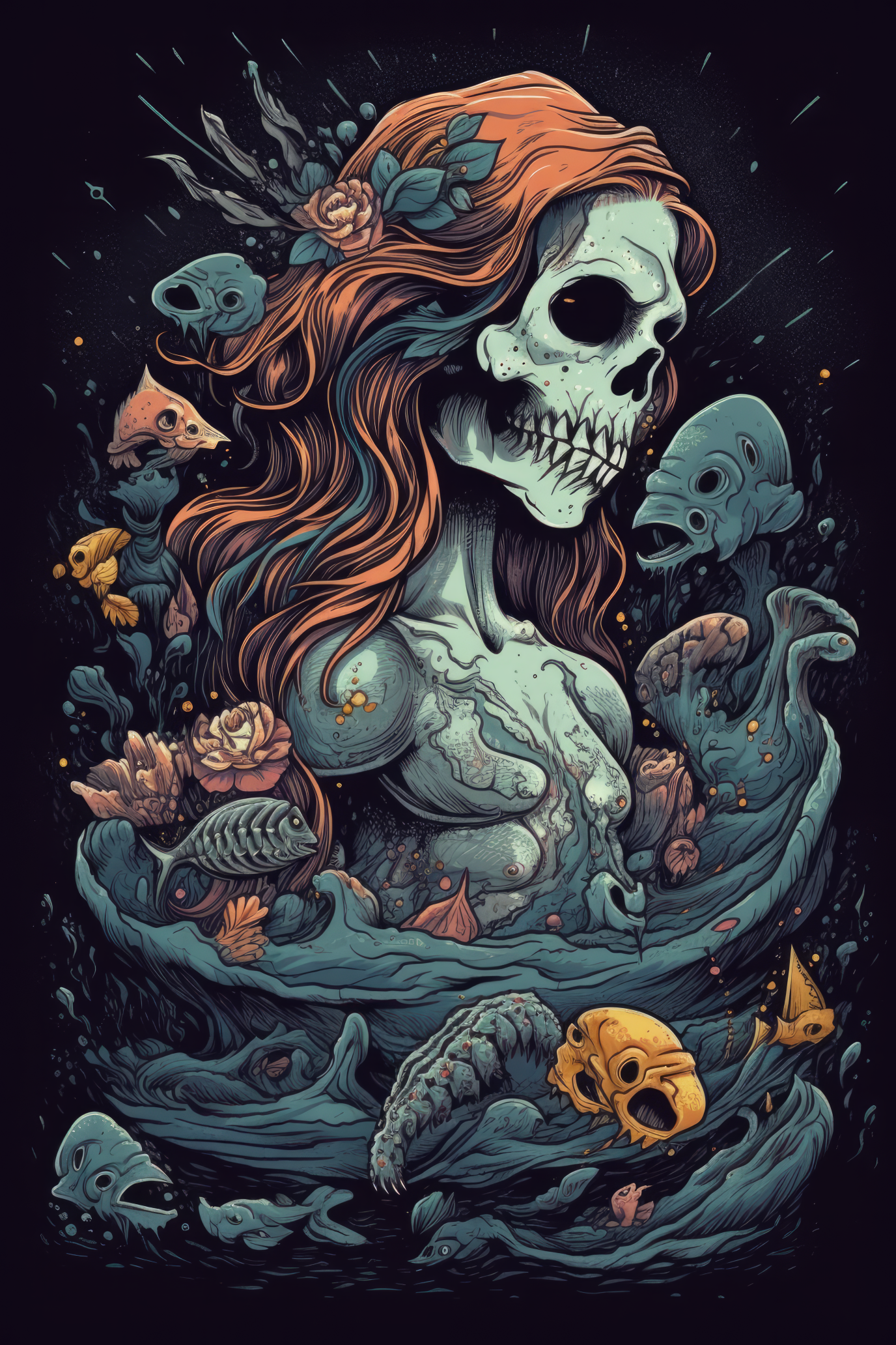 Cartoon Mermaid skull Tshirt design (00 562)