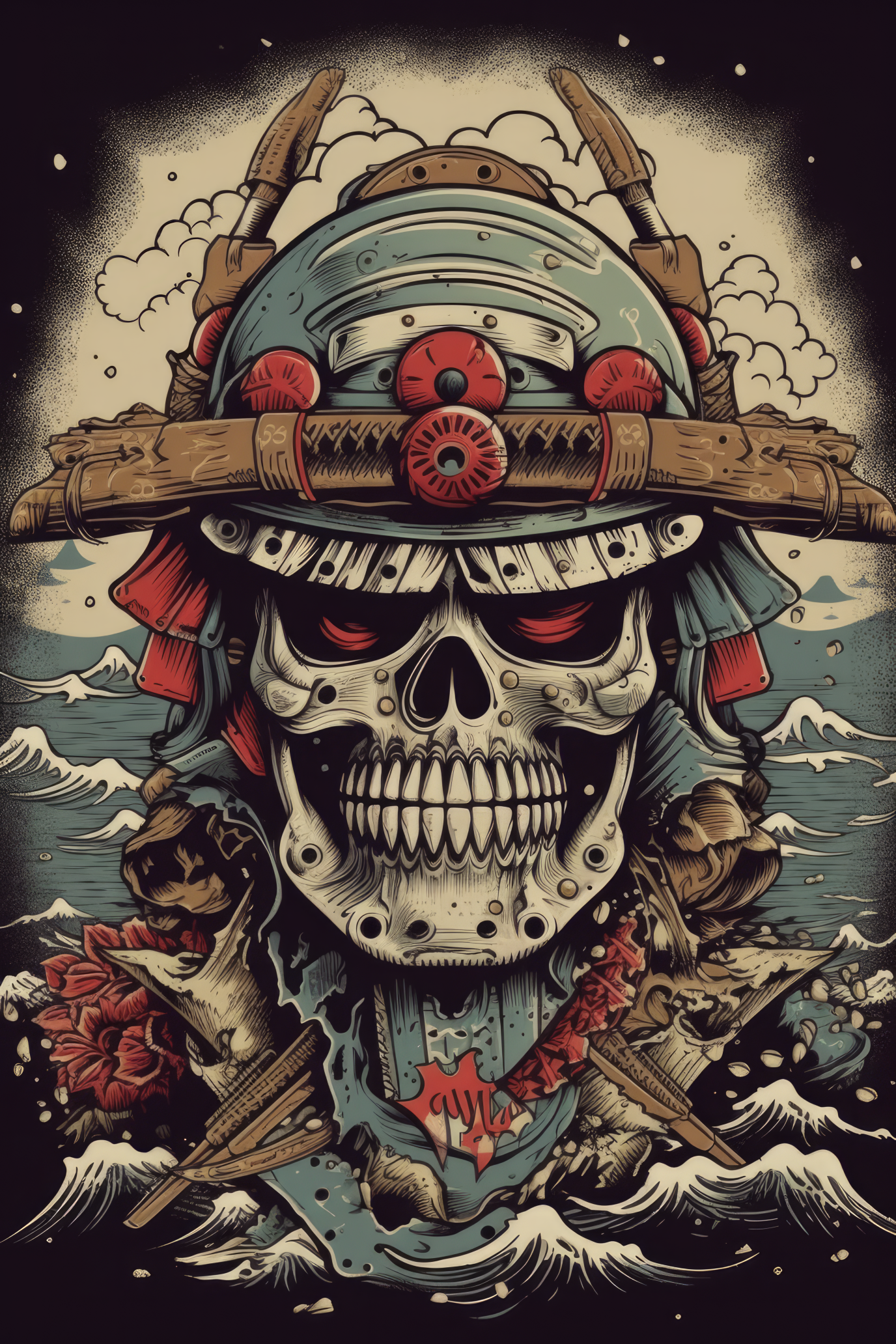 T-PAITA MUSTA - Cartoon Samurai helmet skull