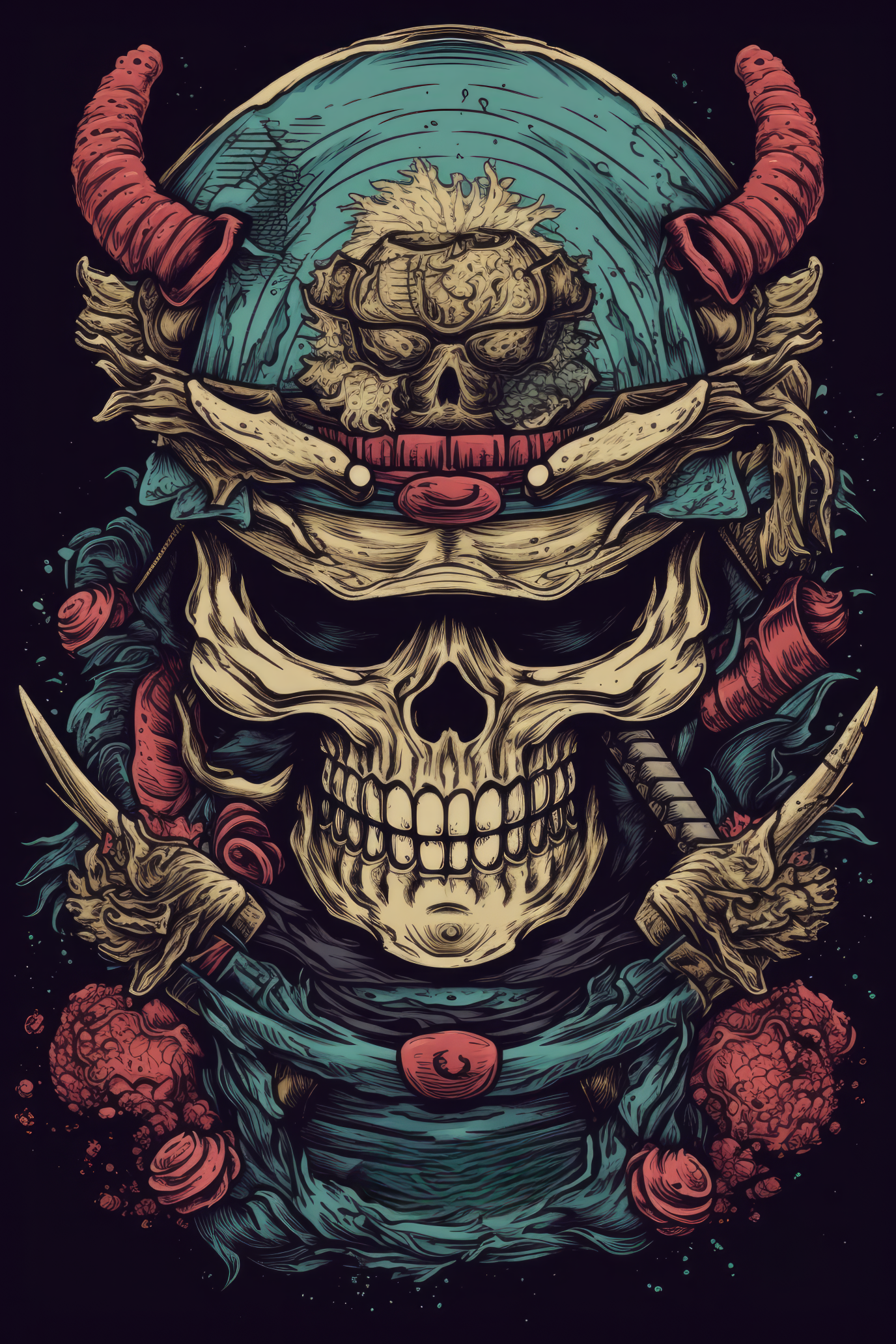 Cartoon Samurai helmet skull Tshirt design 2 (Paitakuva)