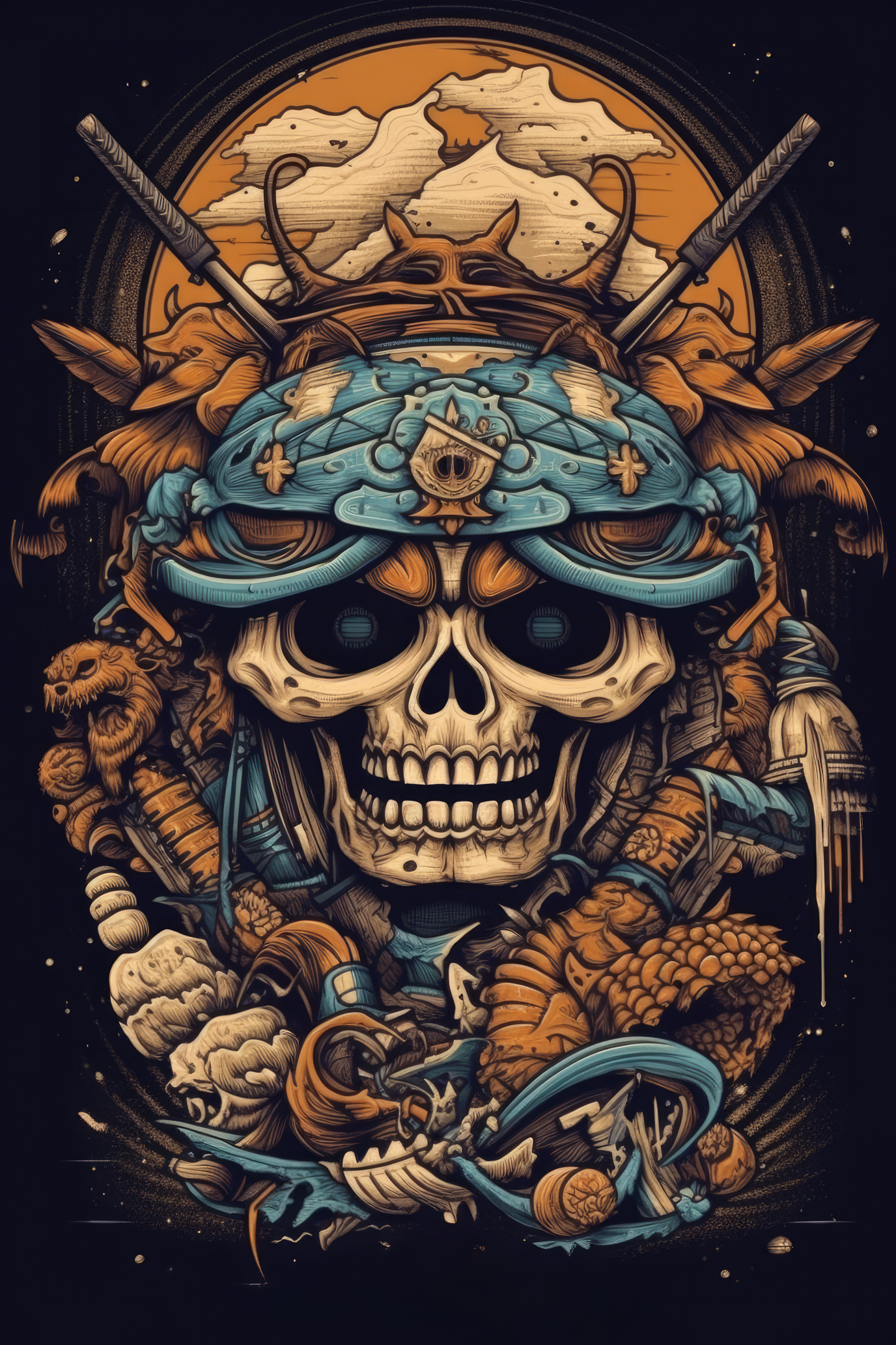 Cartoon Samurai helmet skull Tshirt design 3 (Paitakuva)
