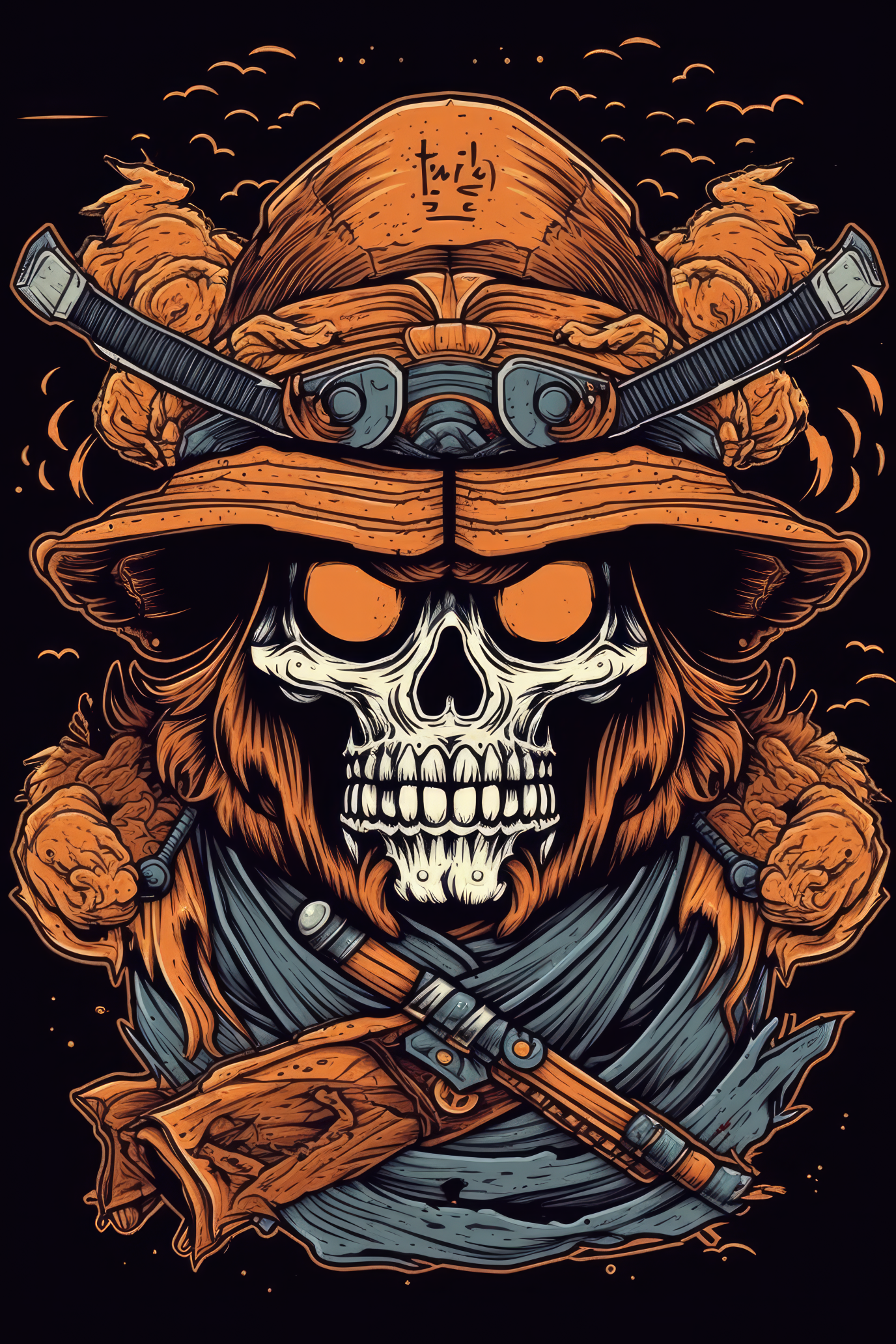 T-PAITA MUSTA - Cartoon Samurai skull