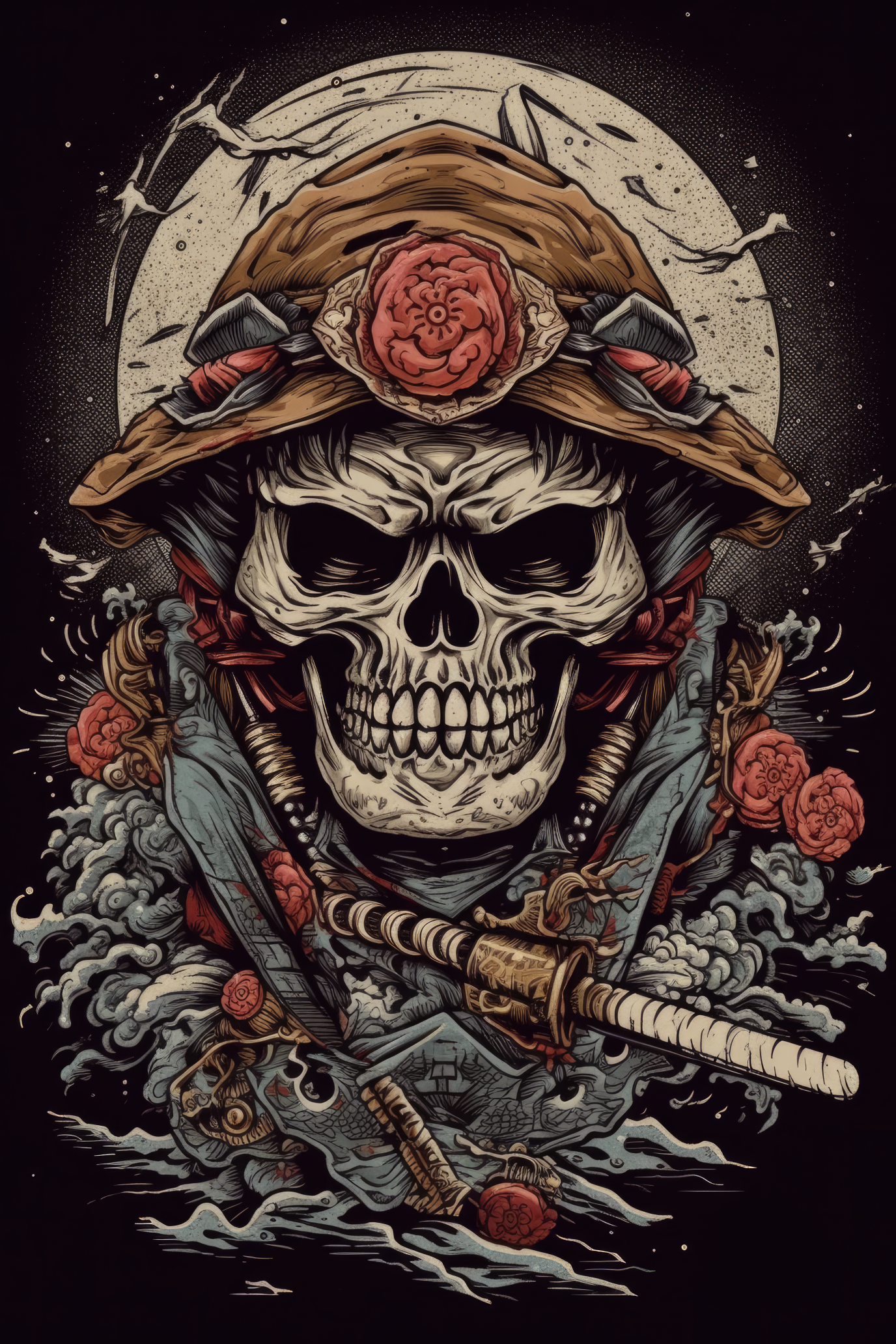 Cartoon Samurai skull Tshirt design 2 (Paitakuva)