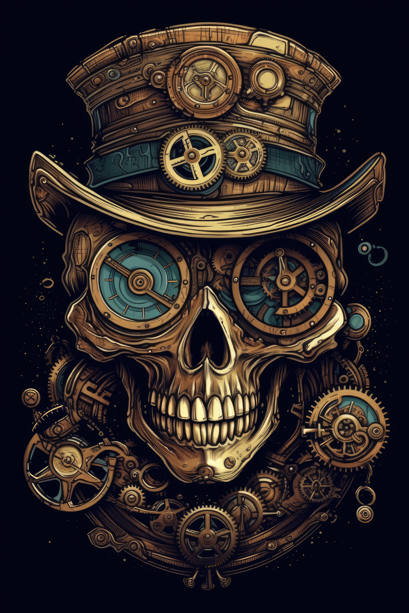 T-PAITA MUSTA - Cartoon Steampunk skull