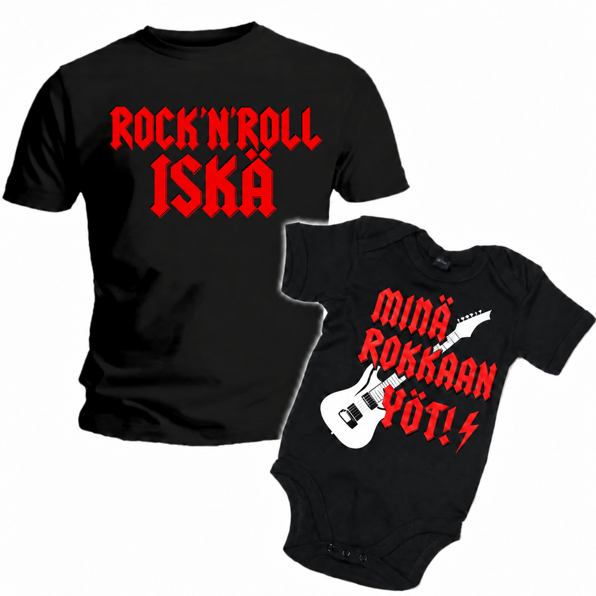 MIESTEN mu T-PAITA + VAUVAN BODY DADDY ROCK’N’ROLL YÖT