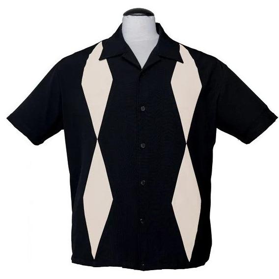 KAULUSPAITA - Diamond Duo Bowling Shirt in Black/Cream - STEADY CLOTHING