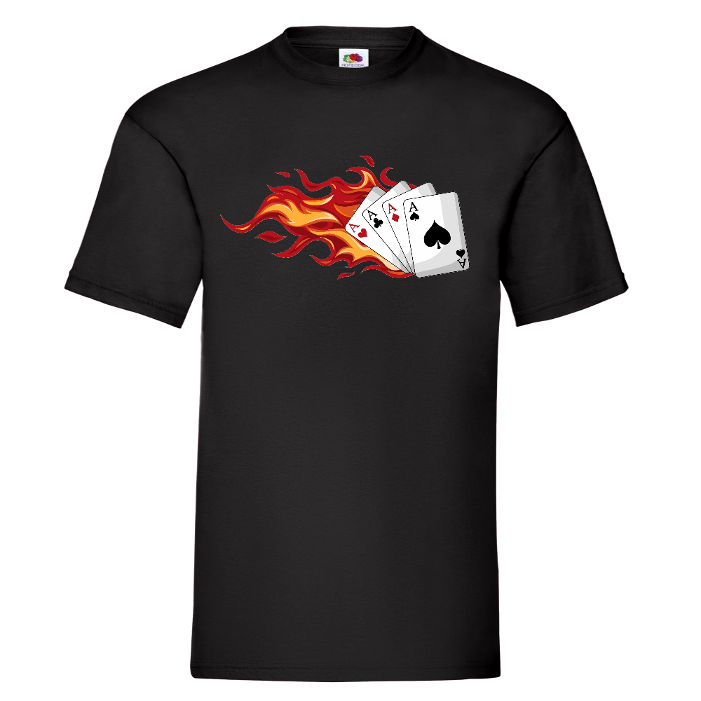 T-PAITA MUSTA PELI - Flaming playing cards (2892)