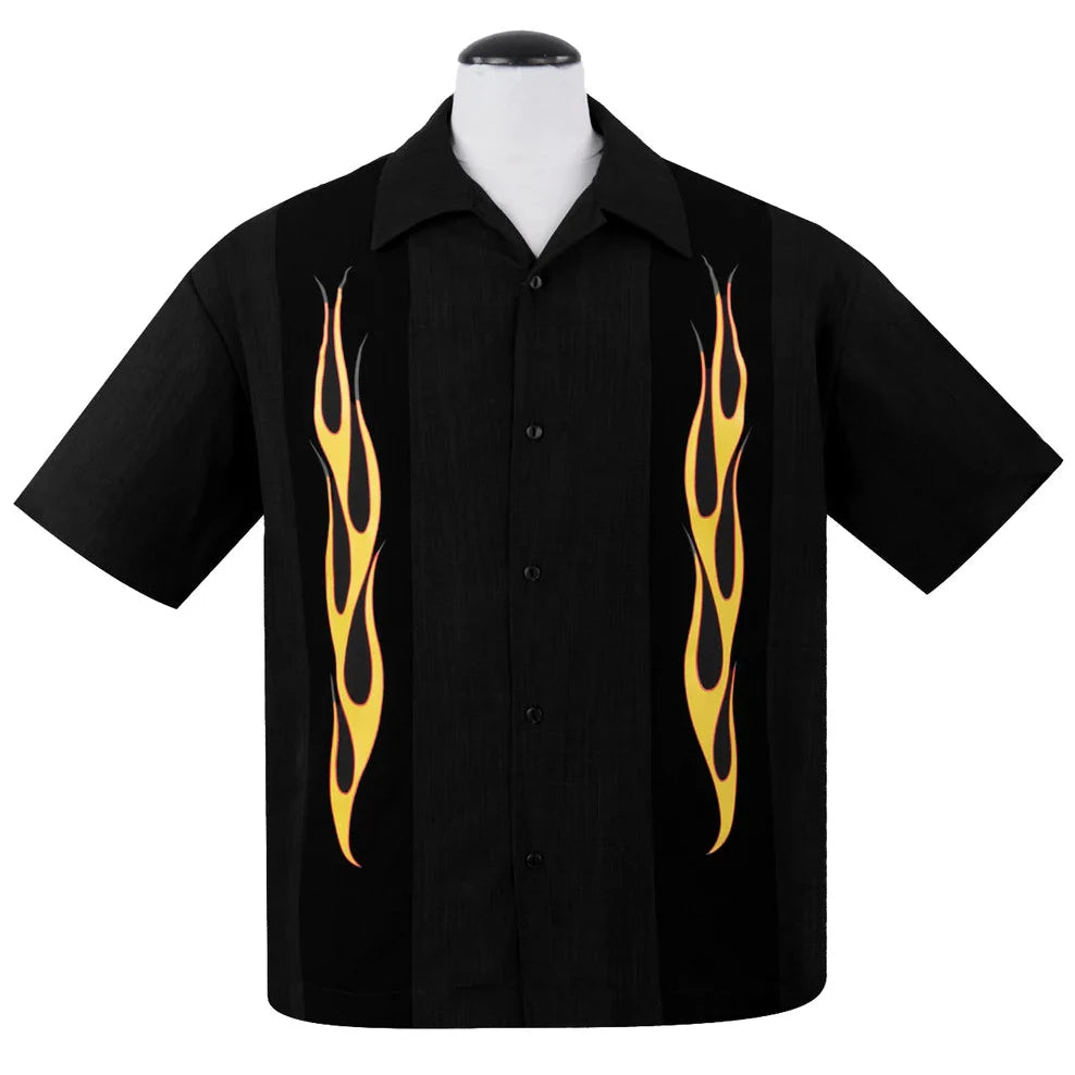 KAULUSPAITA - Flame N Hot Bowling Shirt in Black/Orange- STEADY CLOTHING