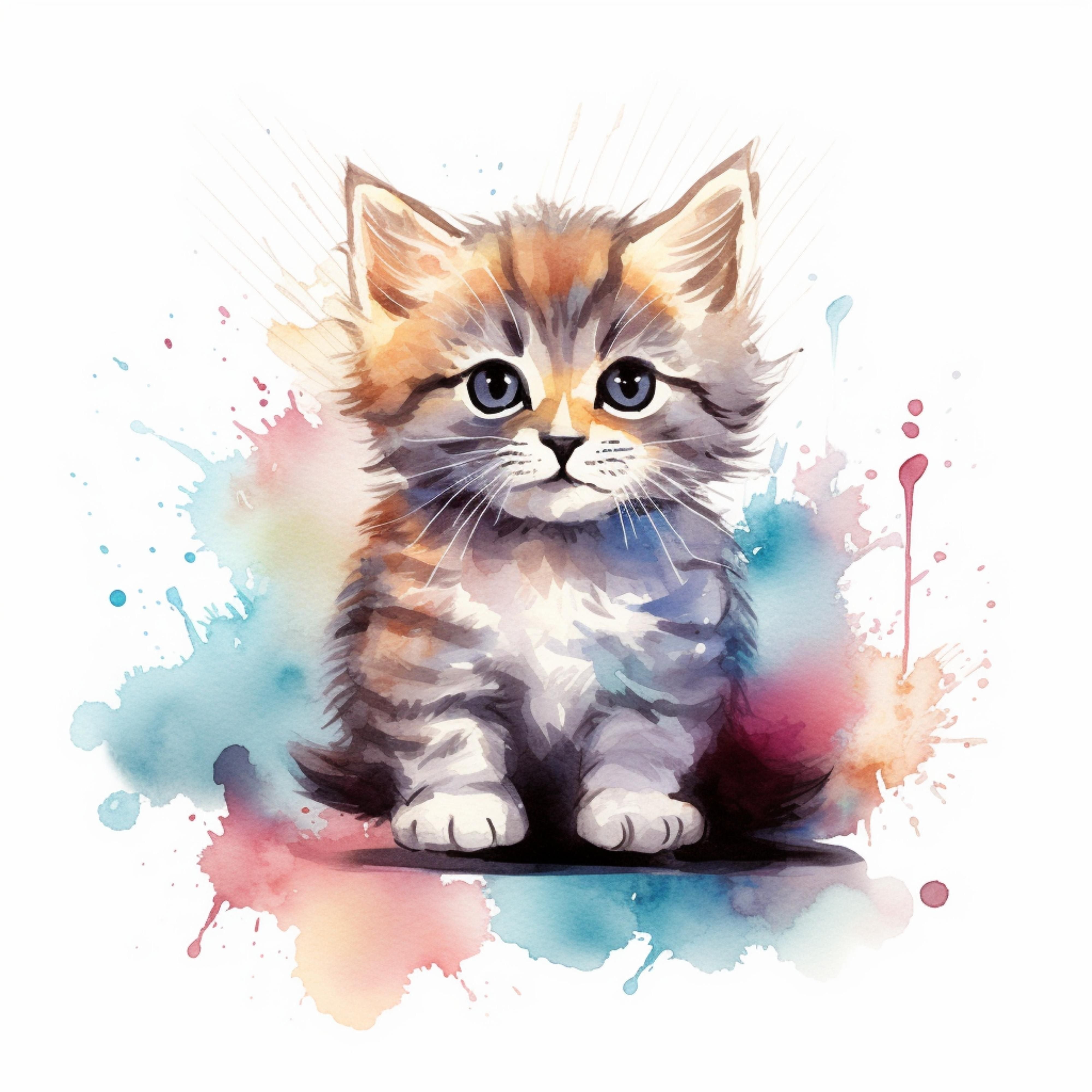 T-PAITA MUSTA - Cat watercolour