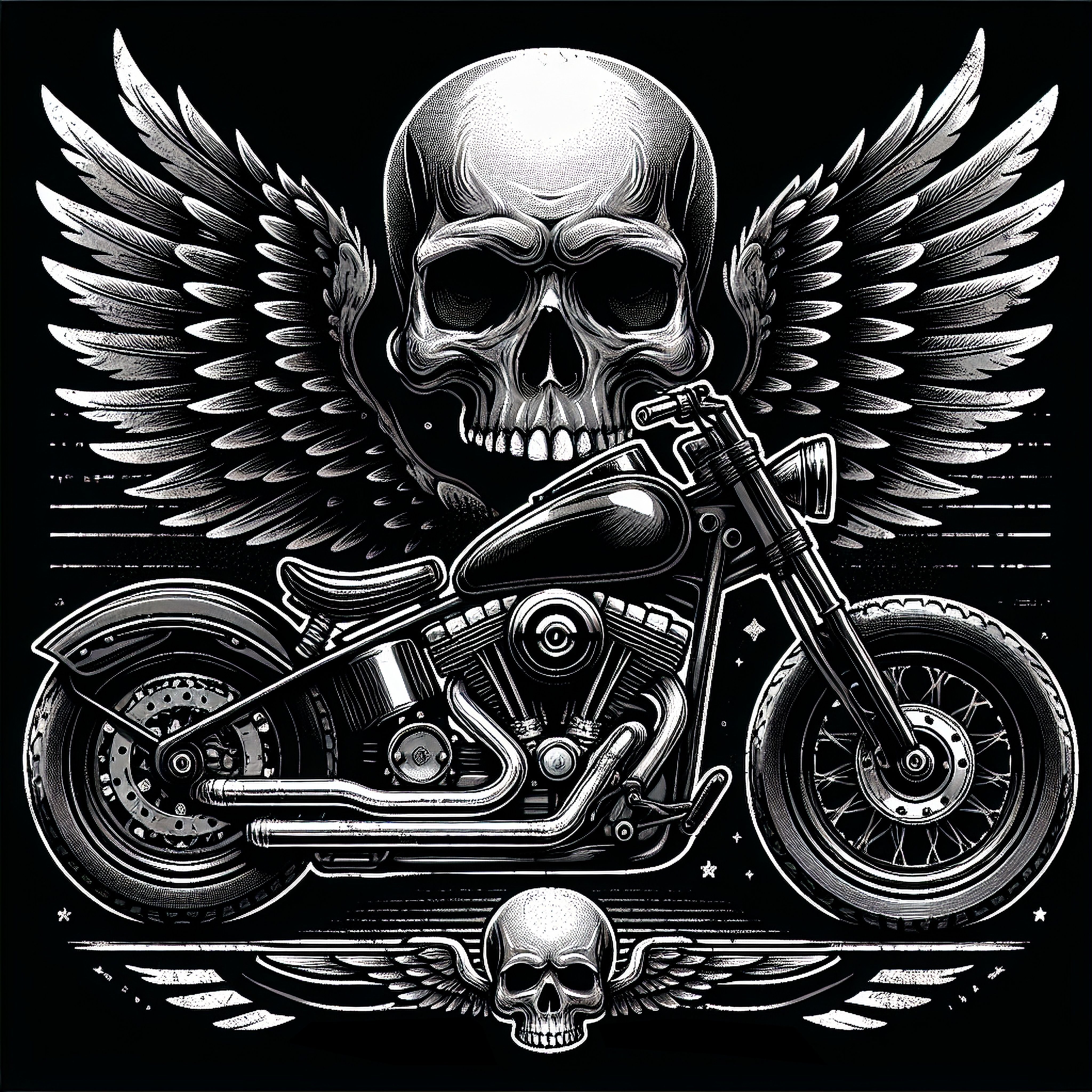 T-PAITA MUSTA - SKULL AND BIKE (3100)