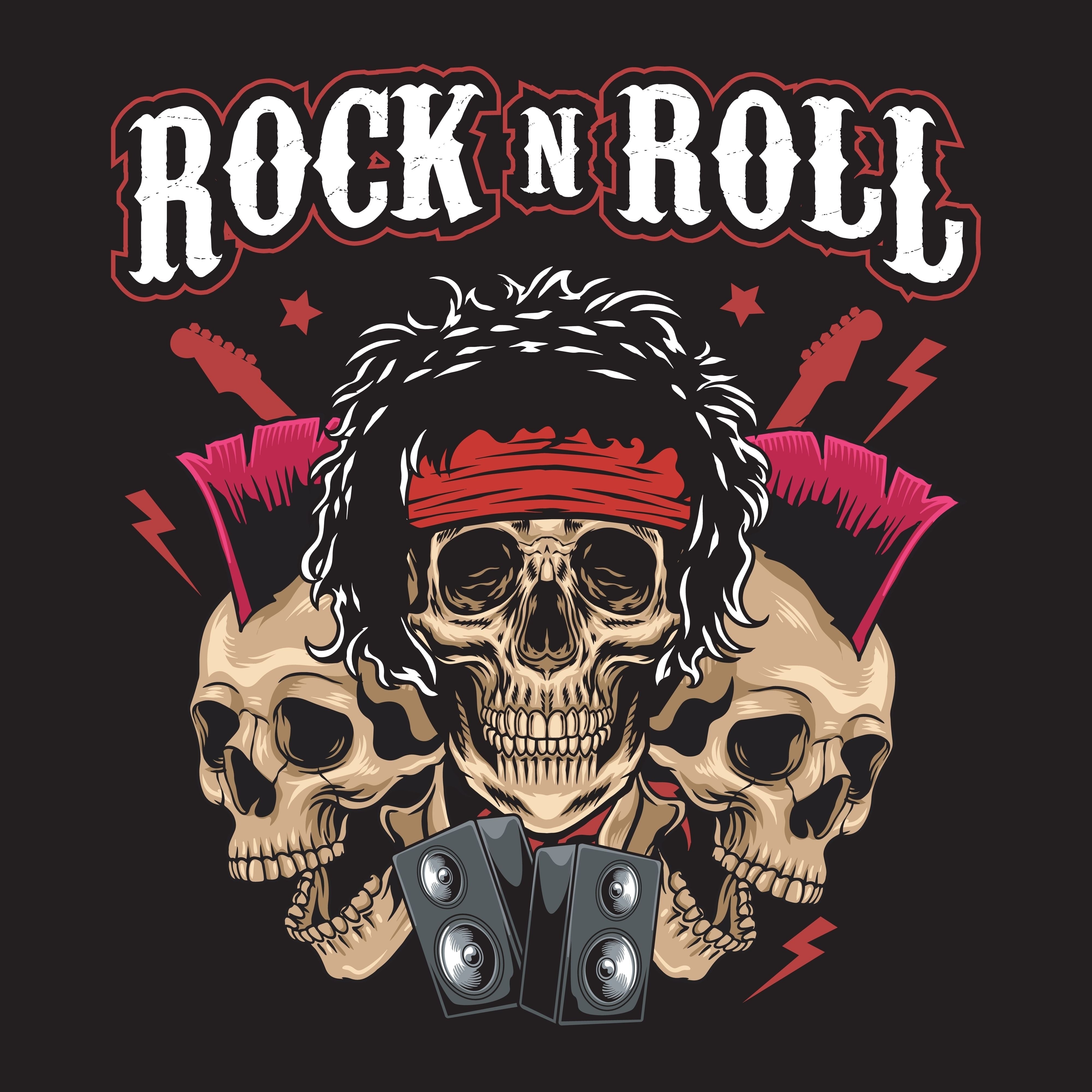 T-paita musta - Rock 'N' Roll Skull Edition