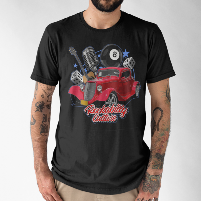 T-PAITA MUSTA - ROCKABILLY CULTURE (RED CAR)(00 2118)