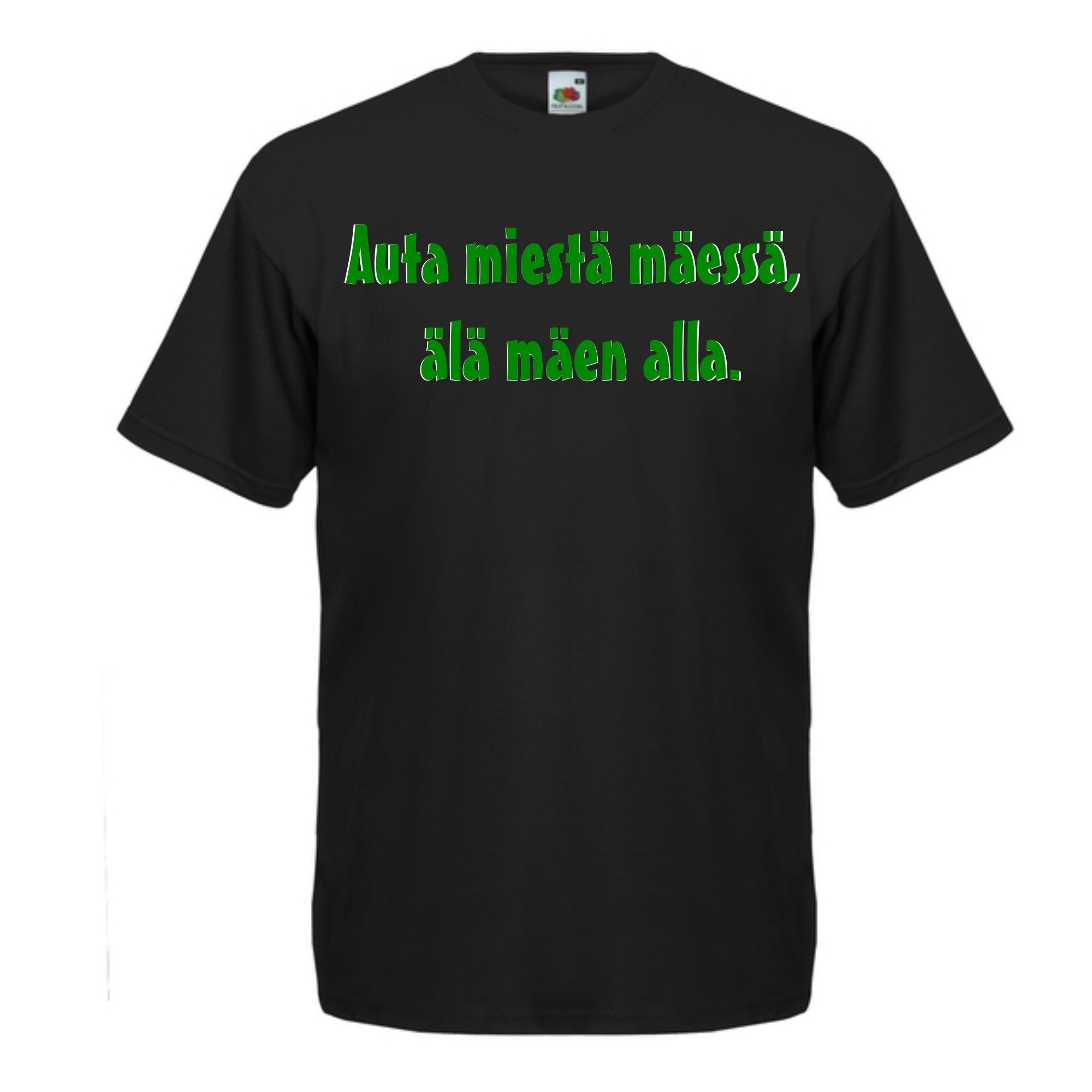 T-PAITA musta - Auta miestä mäessä, älä mäen alla. (5084)