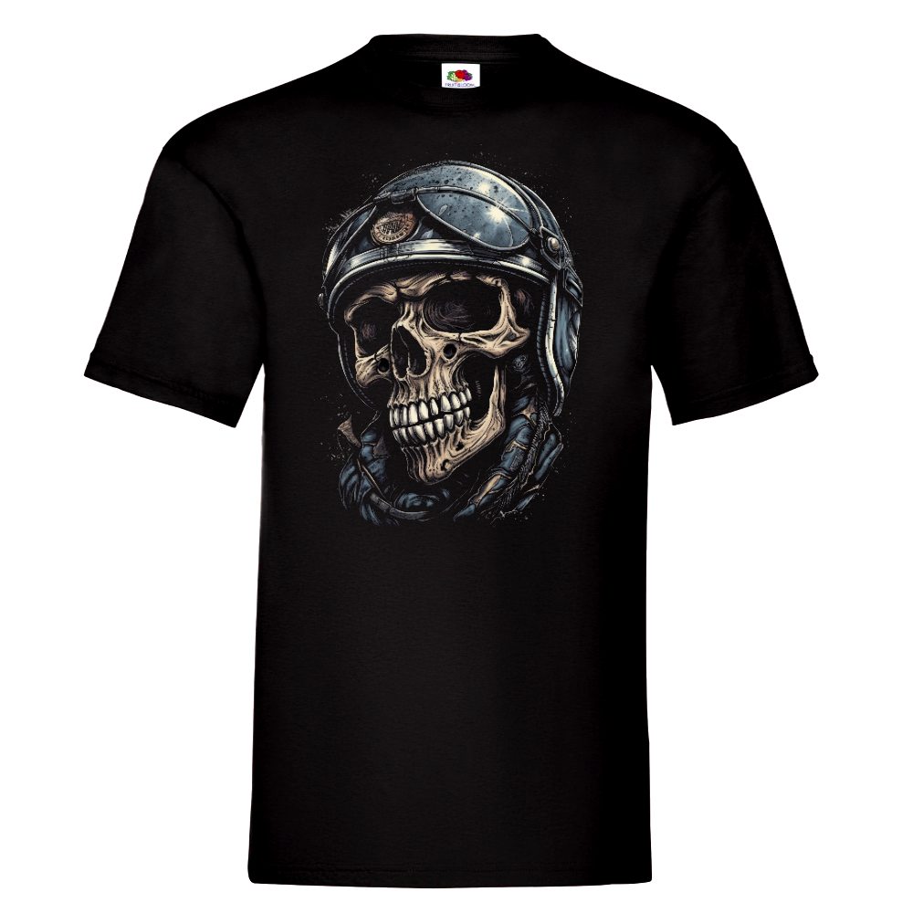 T-PAITA MUSTA - Cartoon Motorcycle helmet skull (3085)