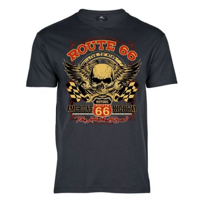 T-PAITA GREY BASIC TEE - RTE 66 SKULL CHECKERED FLAGS (520)