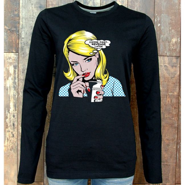 NAISTEN PITKÄHIHAINEN PAITA MUSTA PINETA - COFFEE FIRST COMIC (661)