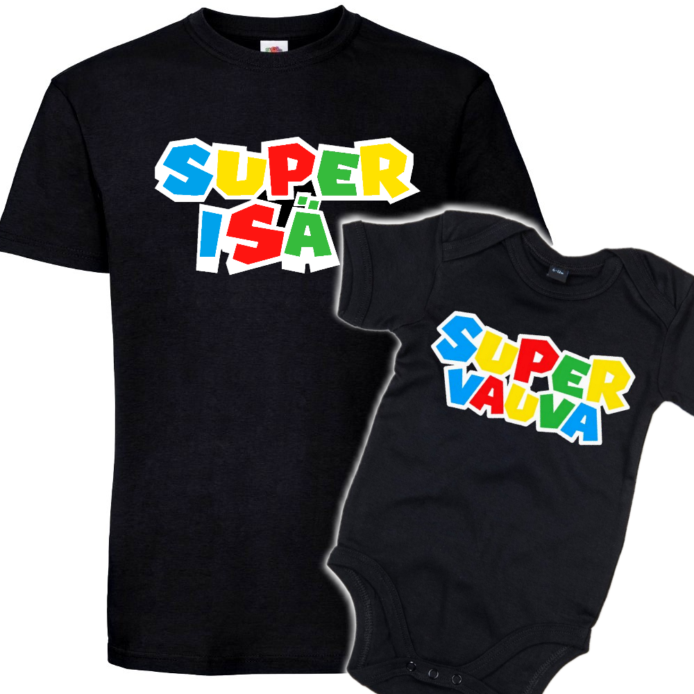 MIESTEN mu T-PAITA + VAUVAN BODY SUPER ISÄ + SUPER VAUVA
