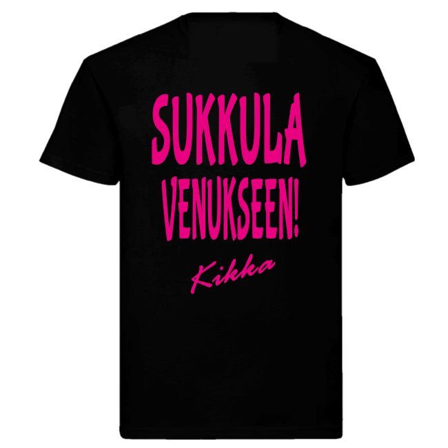 T-PAITA MUSTA - KIKKA SUKKULA VENUKSEEN SELKÄPAINATUKSELLA (00 1087)