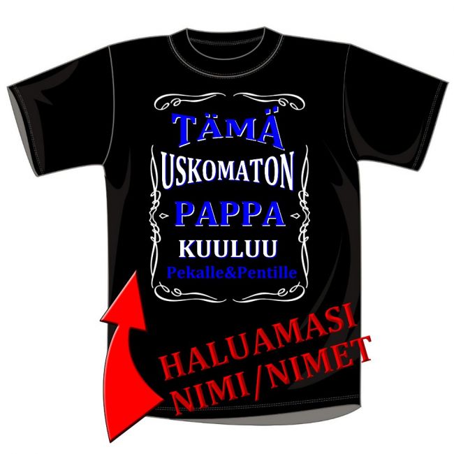 T- PAITA MUSTA USKOMATON PAPPA OMALLA NIMELLÄ