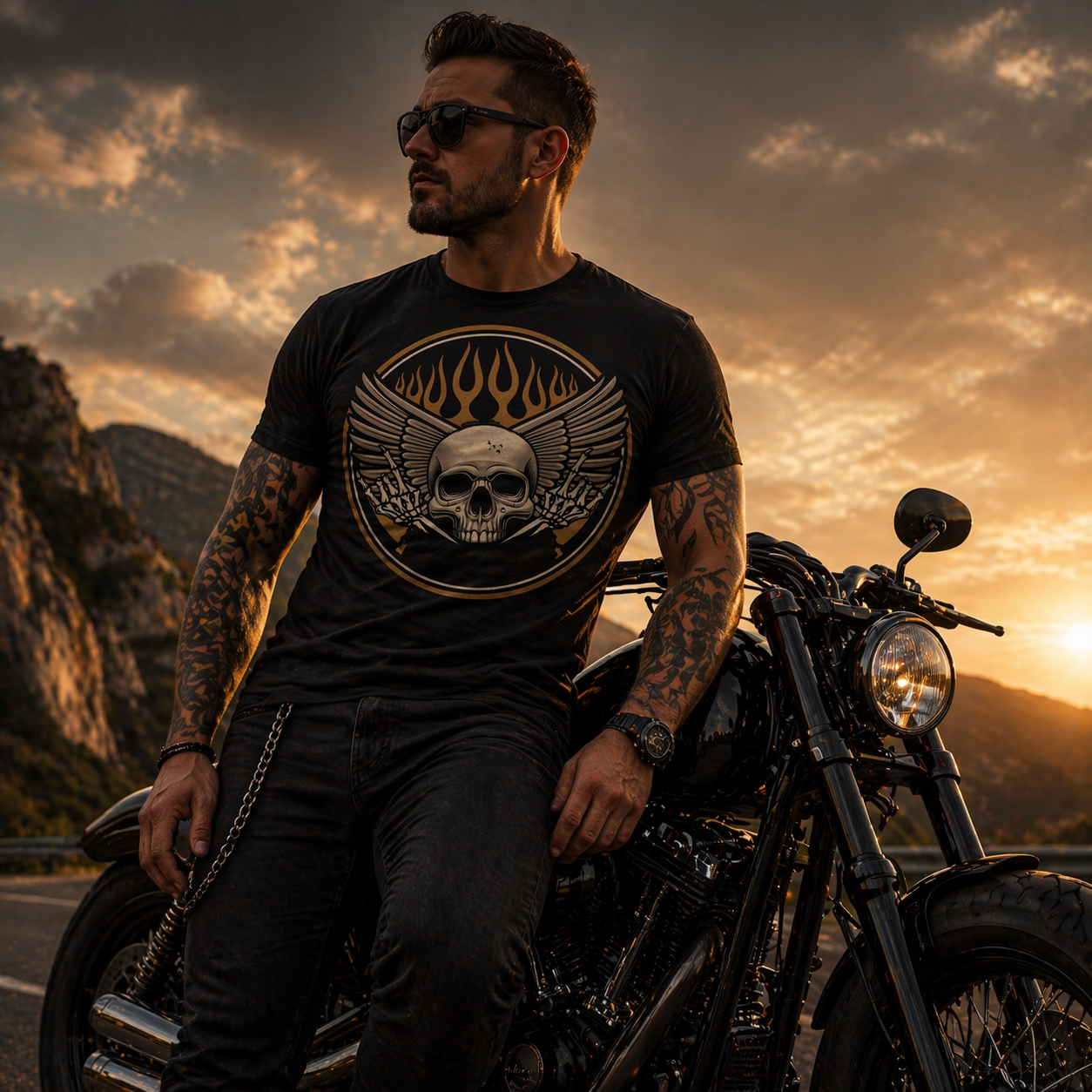 T-PAITA MUSTA - RIDE OR DIE FLAME SKULL