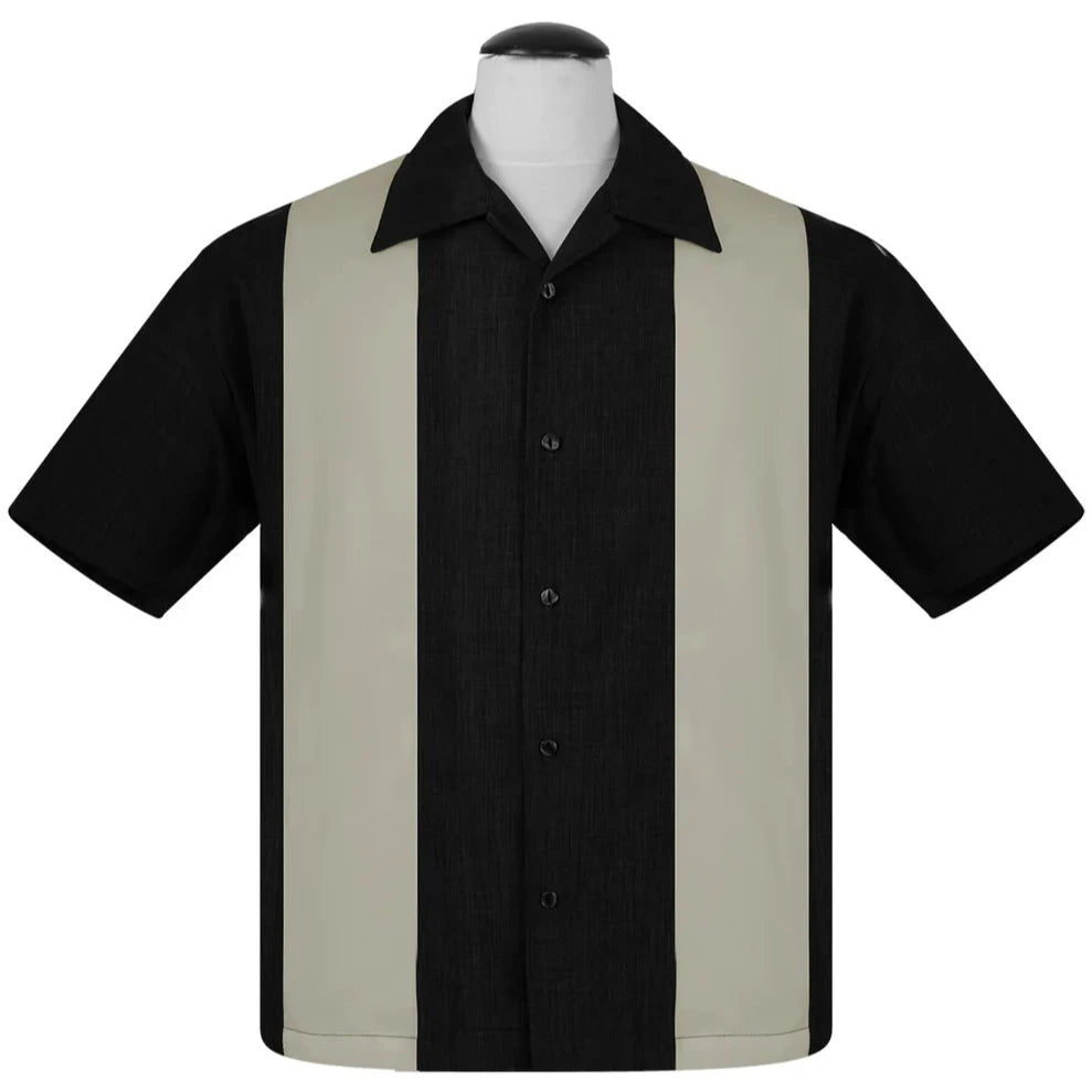 KAULUSPAITA - PopCheck Double Panel Bowling Shirt in Black/Stone - STEADY CLOTHING (85100)