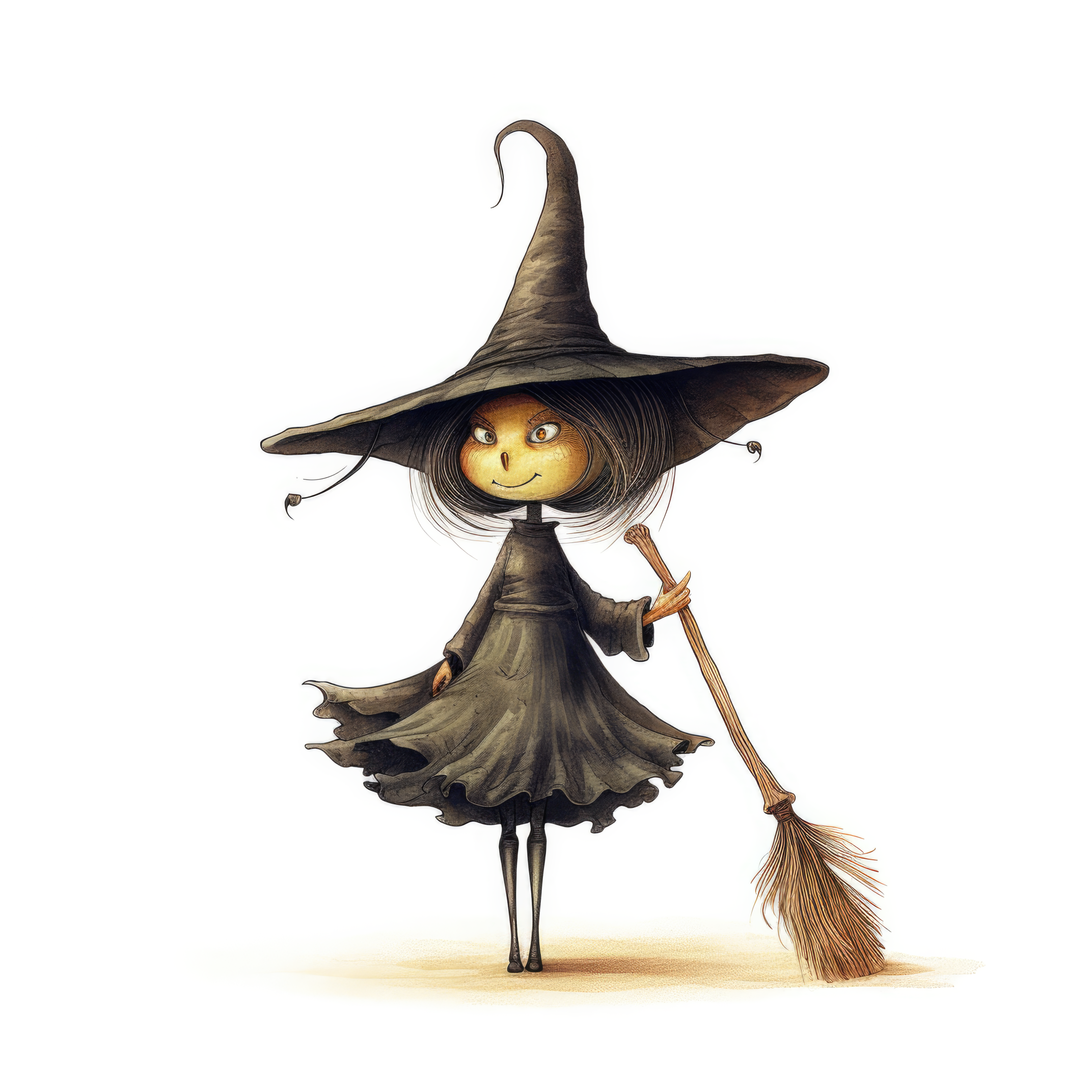 An ugly witch with a long nose is riding a broom (paitakuva)