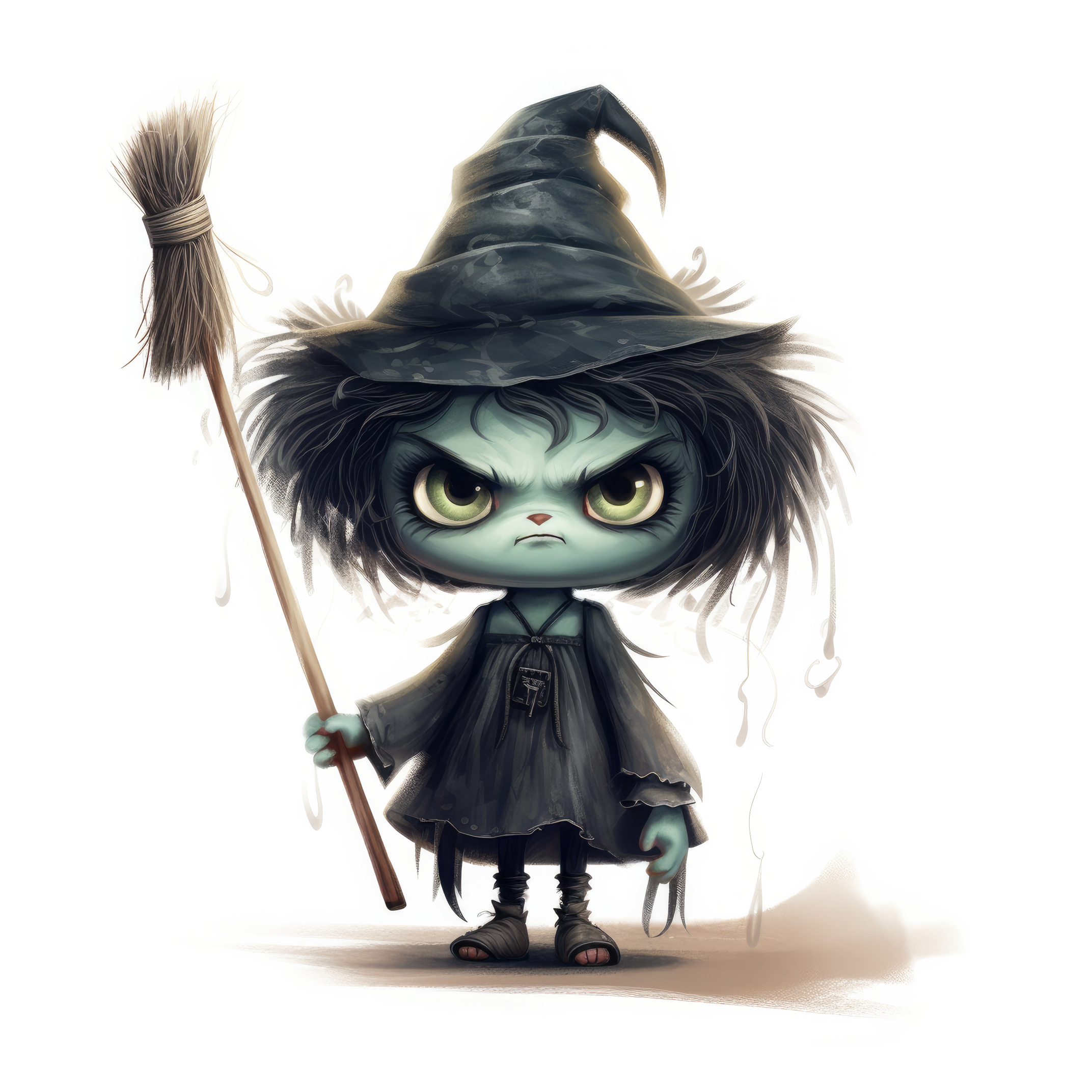An ugly witch with an angry face holding a broom (paitakuva)