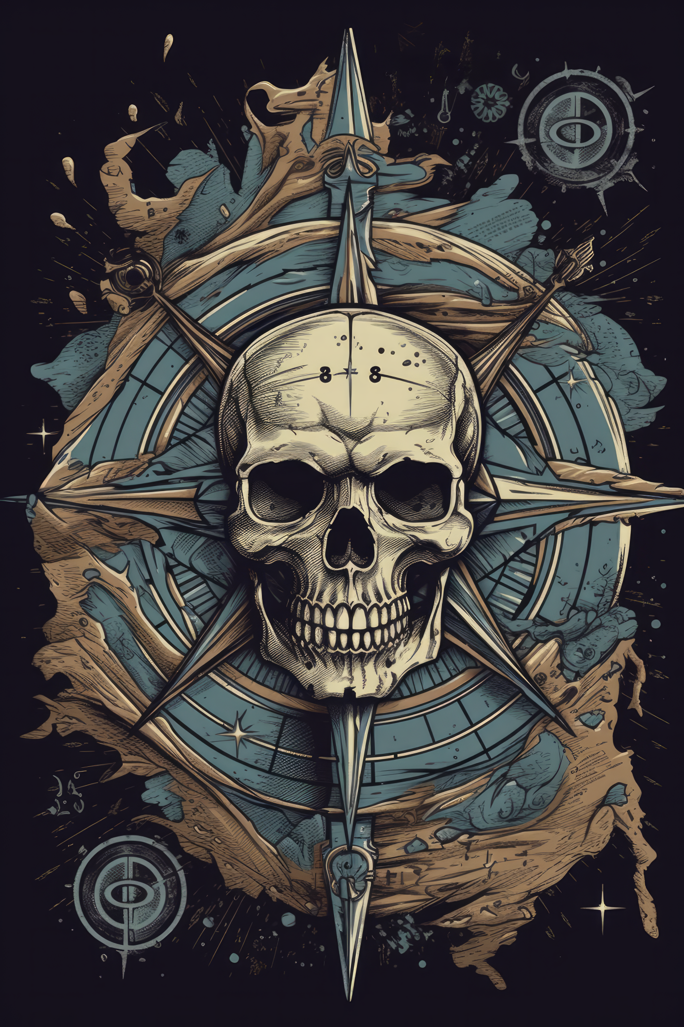 Cartoon Compass rose skull Tshirt design 1 (Paitakuva)