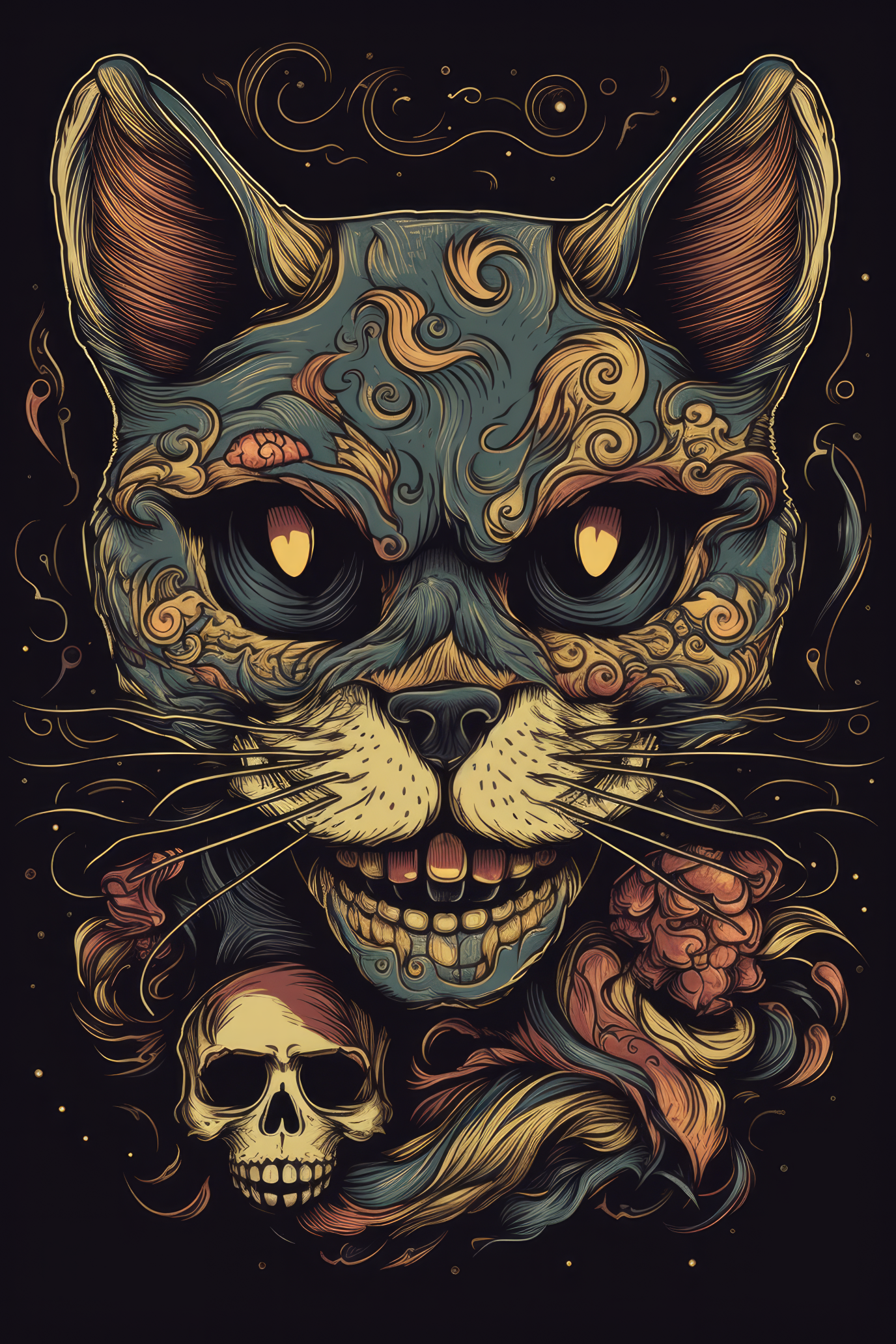 NAISTEN PAITA - Cartoon Feline skull