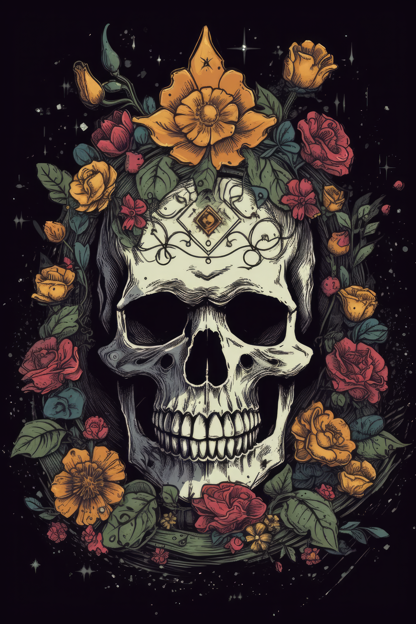Cartoon Floral crown skull Tshirt design 2 (Paitakuva)