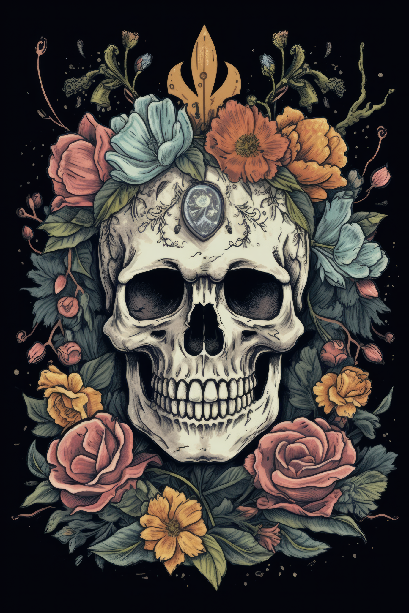 NAISTEN PAITA - Cartoon Floral crown skull
