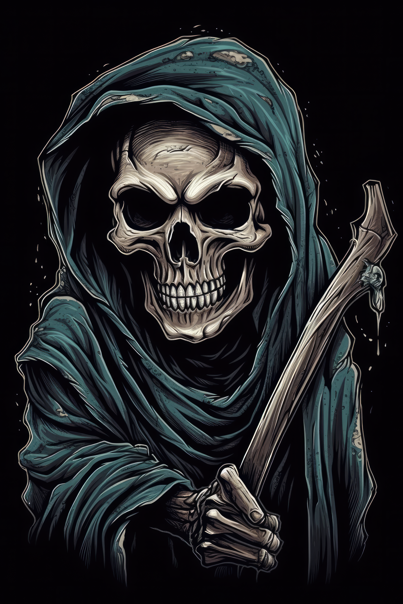 T-PAITA MUSTA - Cartoon Grim Reaper skull