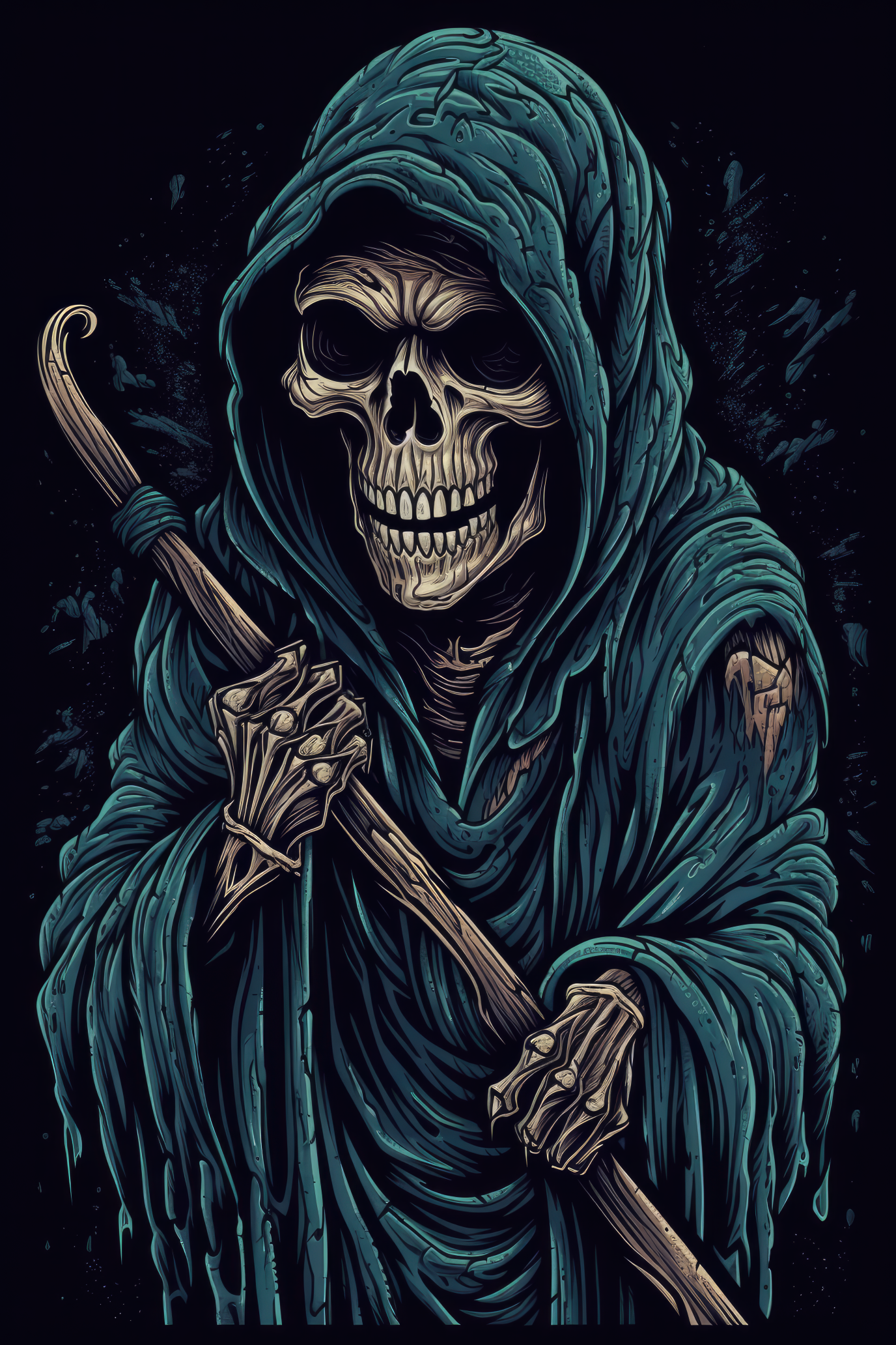 T-PAITA MUSTA - Cartoon Grim Reaper skull