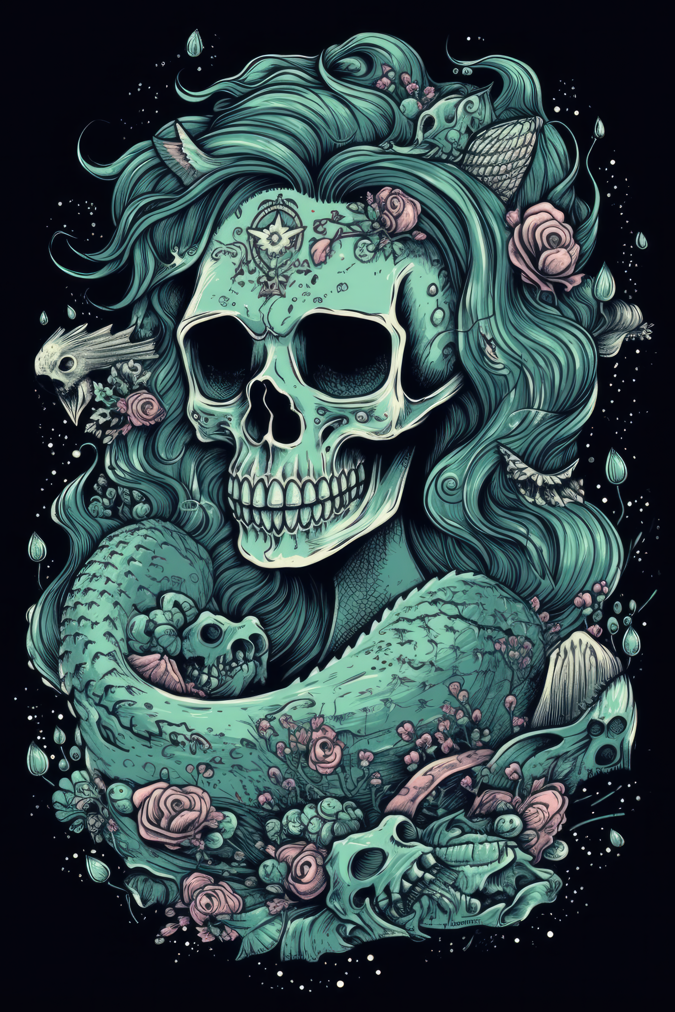 NAISTEN PAITA - Cartoon Mermaid skull