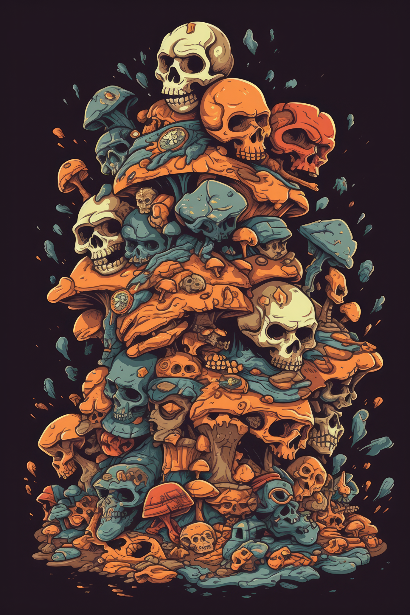 T-PAITA MUSTA - Cartoon Pile of bones skull