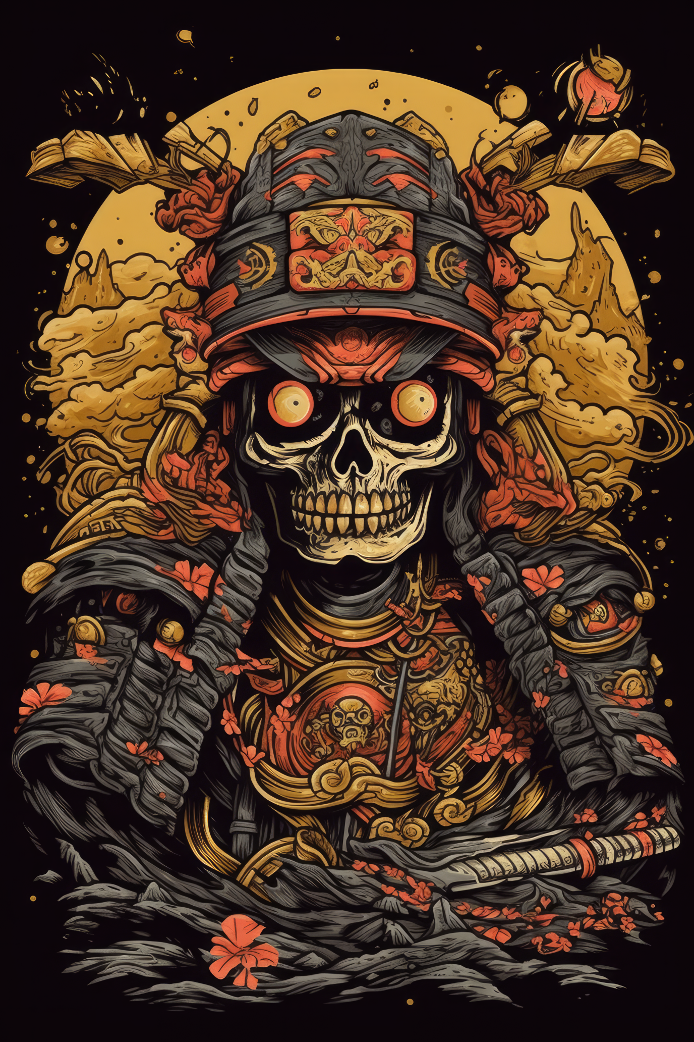 Cartoon Samurai skull Tshirt design (Paitakuva)