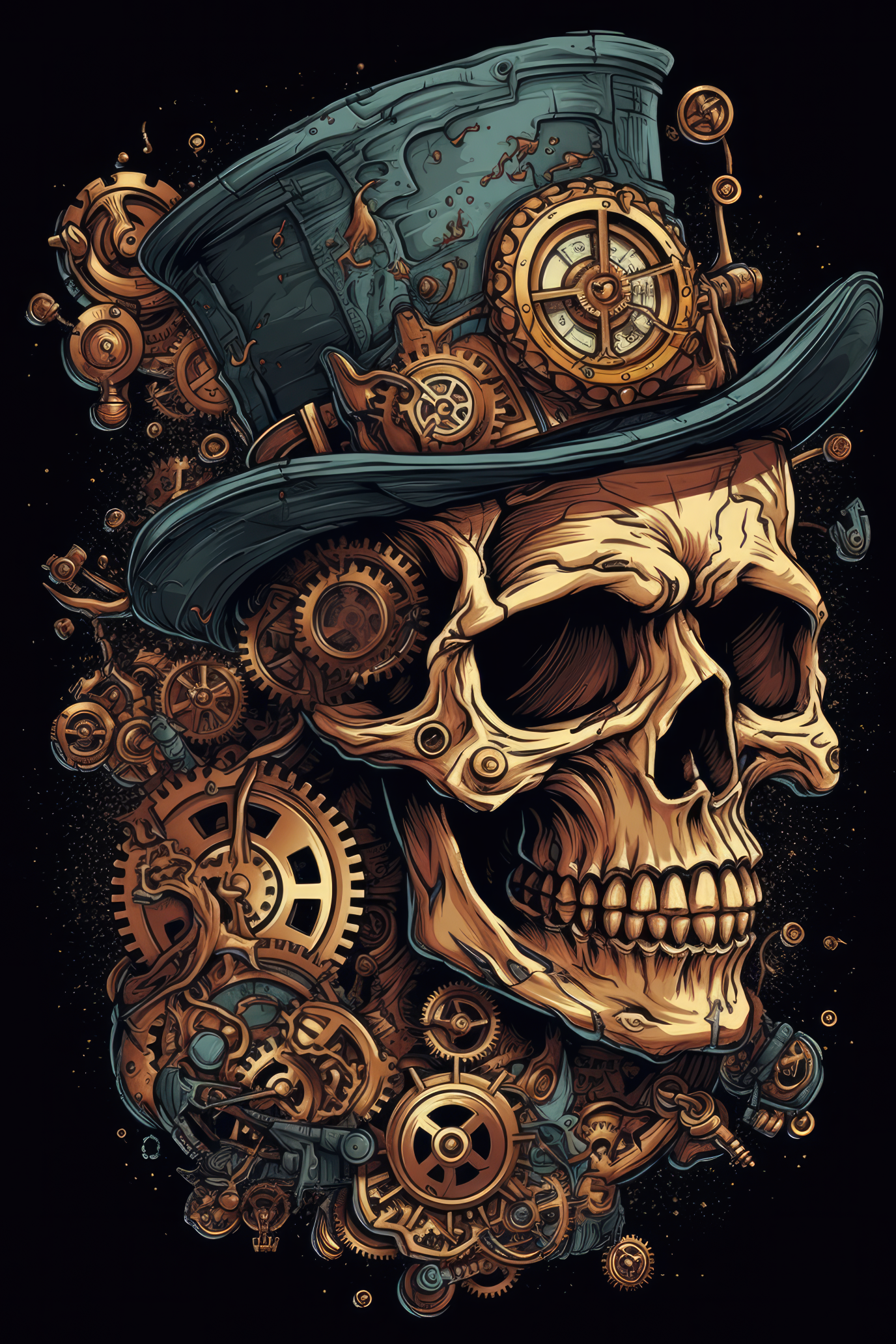 T-PAITA MUSTA - Cartoon Steampunk skull (00 297)