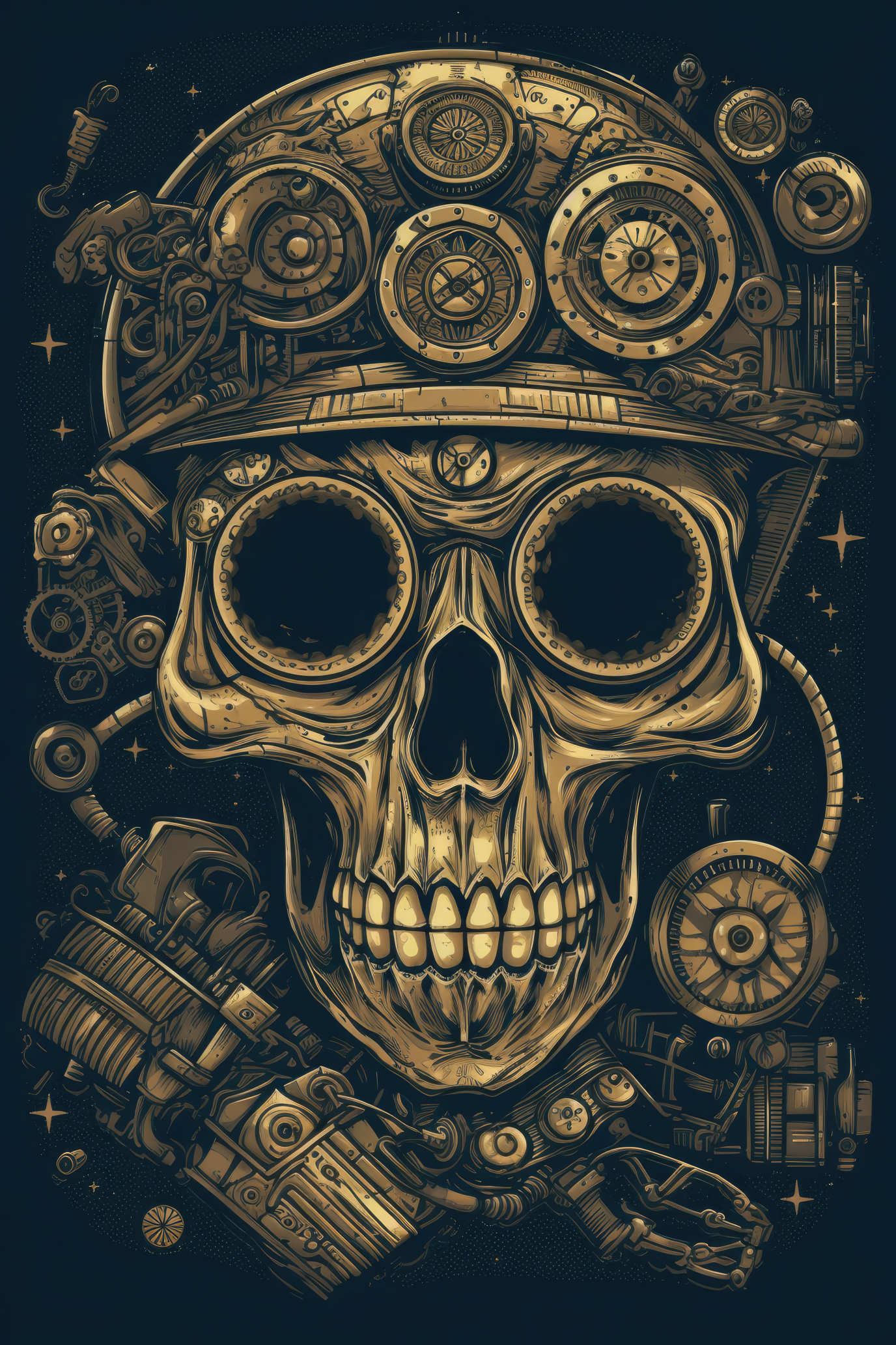 T-PAITA MUSTA - Cartoon Steampunk skull