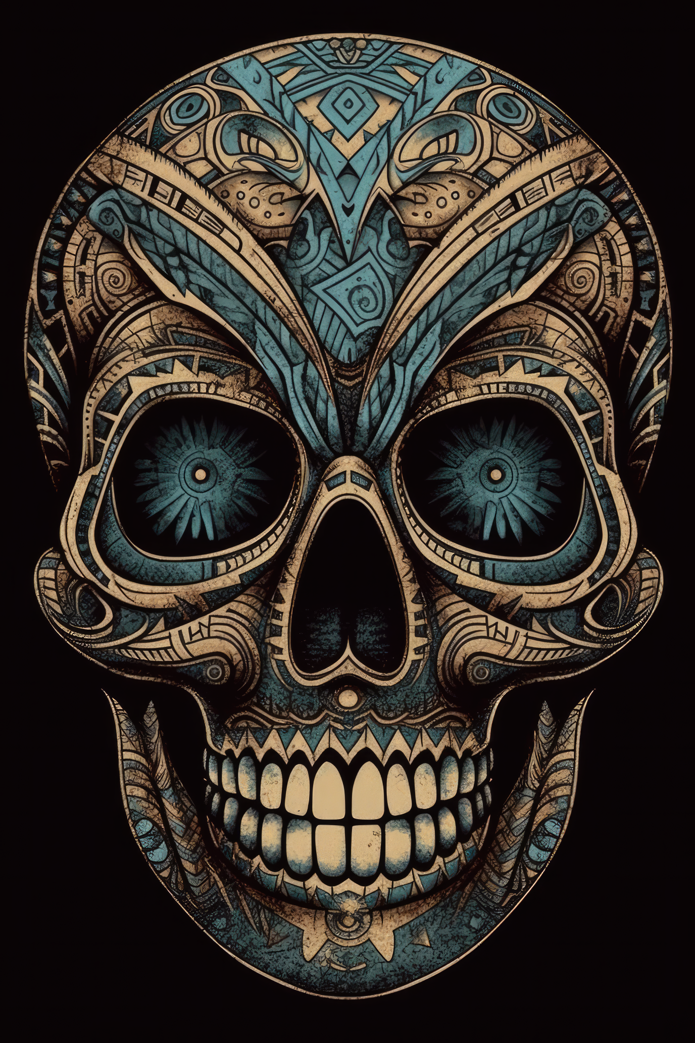 T-PAITA MUSTA - Cartoon Tribal markings skull