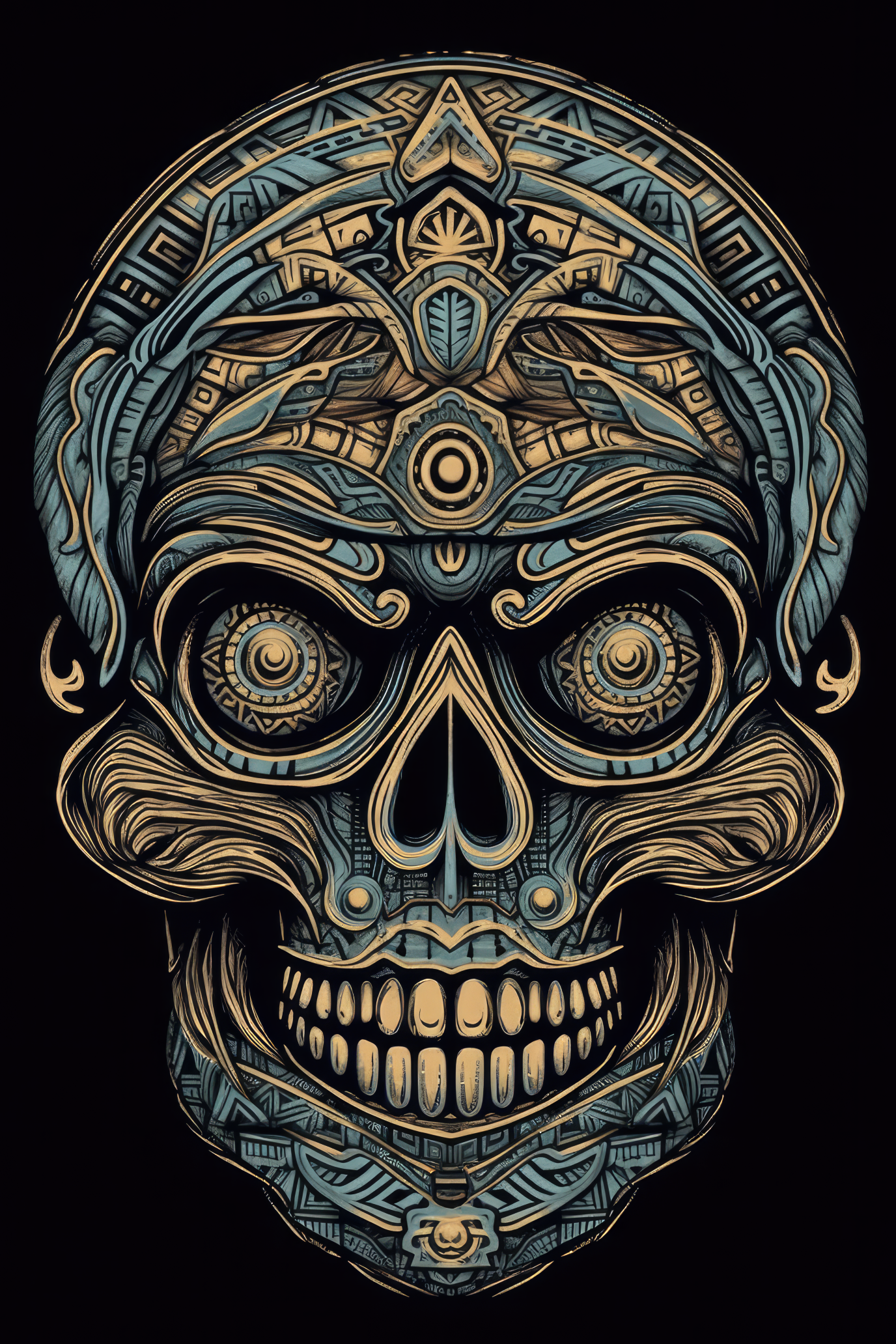 T-PAITA MUSTA - Cartoon Tribal markings skull