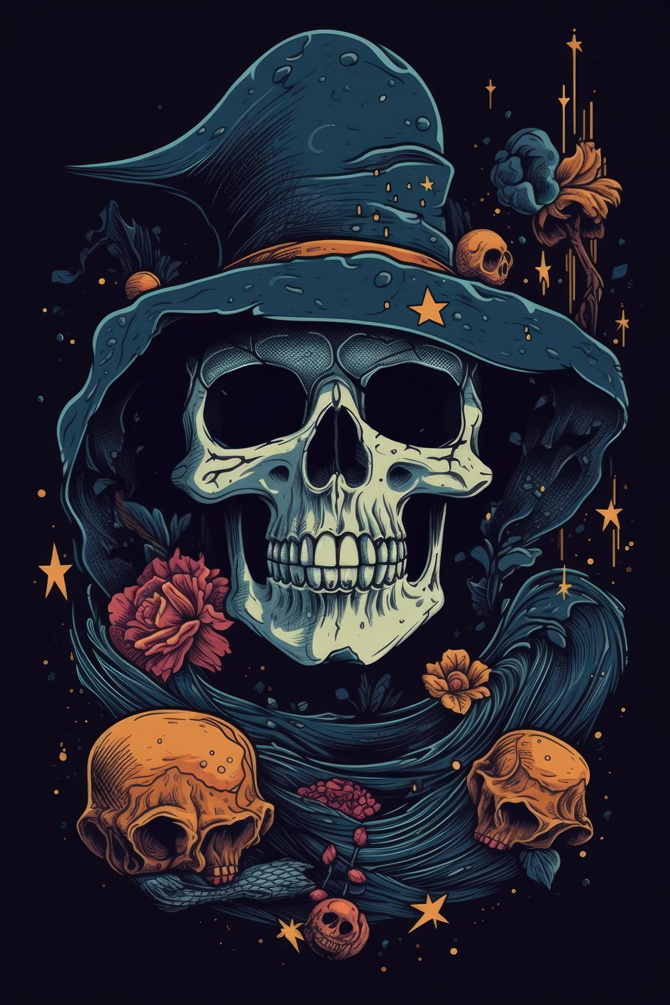 T-PAITA MUSTA - Cartoon Witch skull