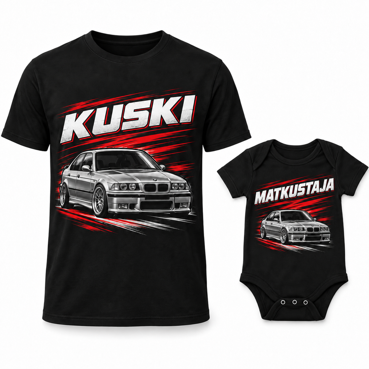 MIESTEN mu T-PAITA + VAUVAN BODY AUTOHARRASTUS ALKAA KYYDISTÄ