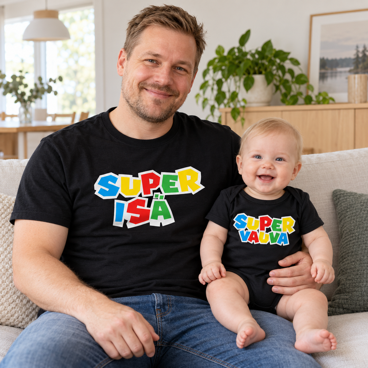 MIESTEN mu T-PAITA + VAUVAN BODY SUPER ISÄ + SUPER VAUVA