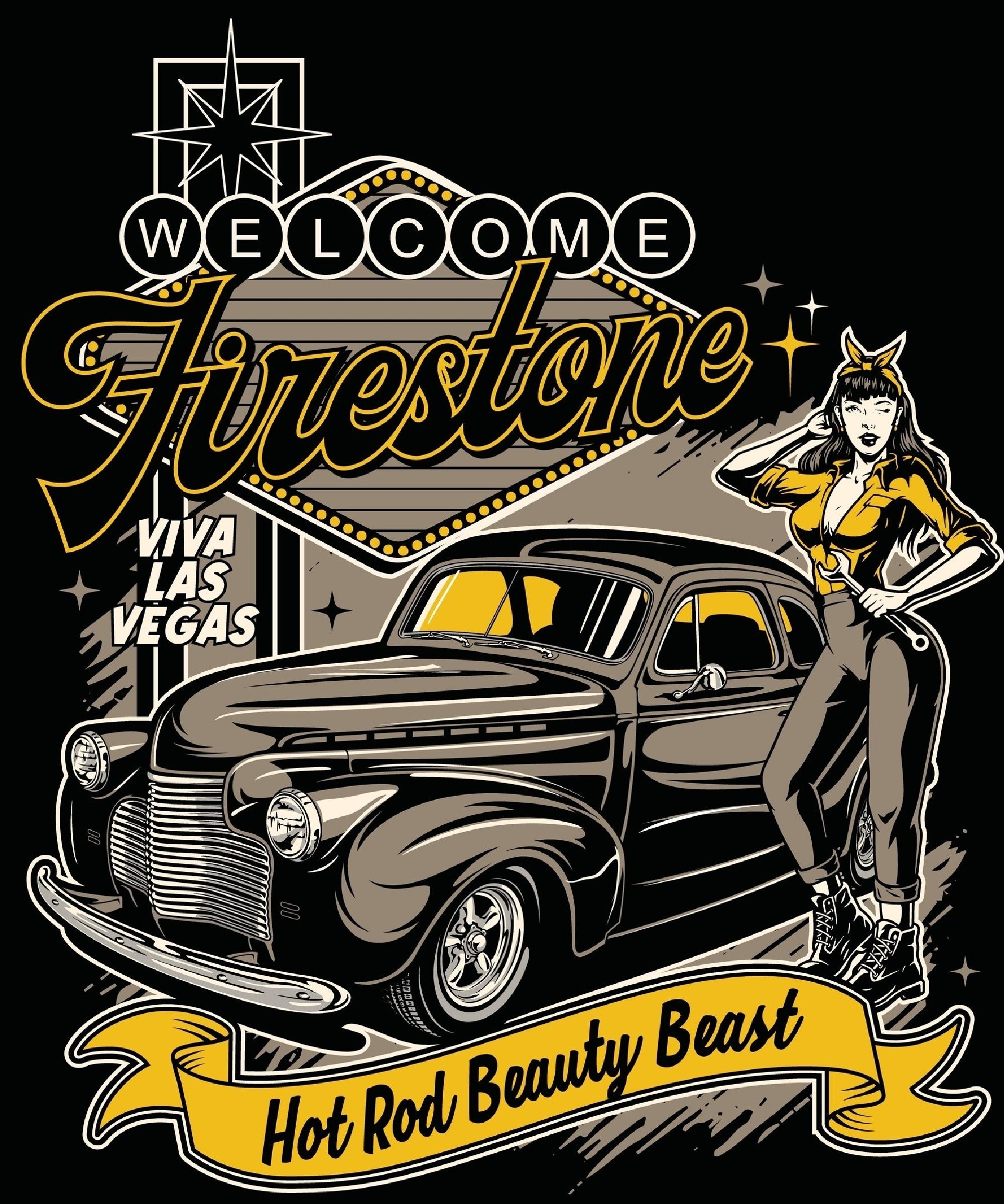 T-PAITA MUSTA - Hot Rod beauty beast